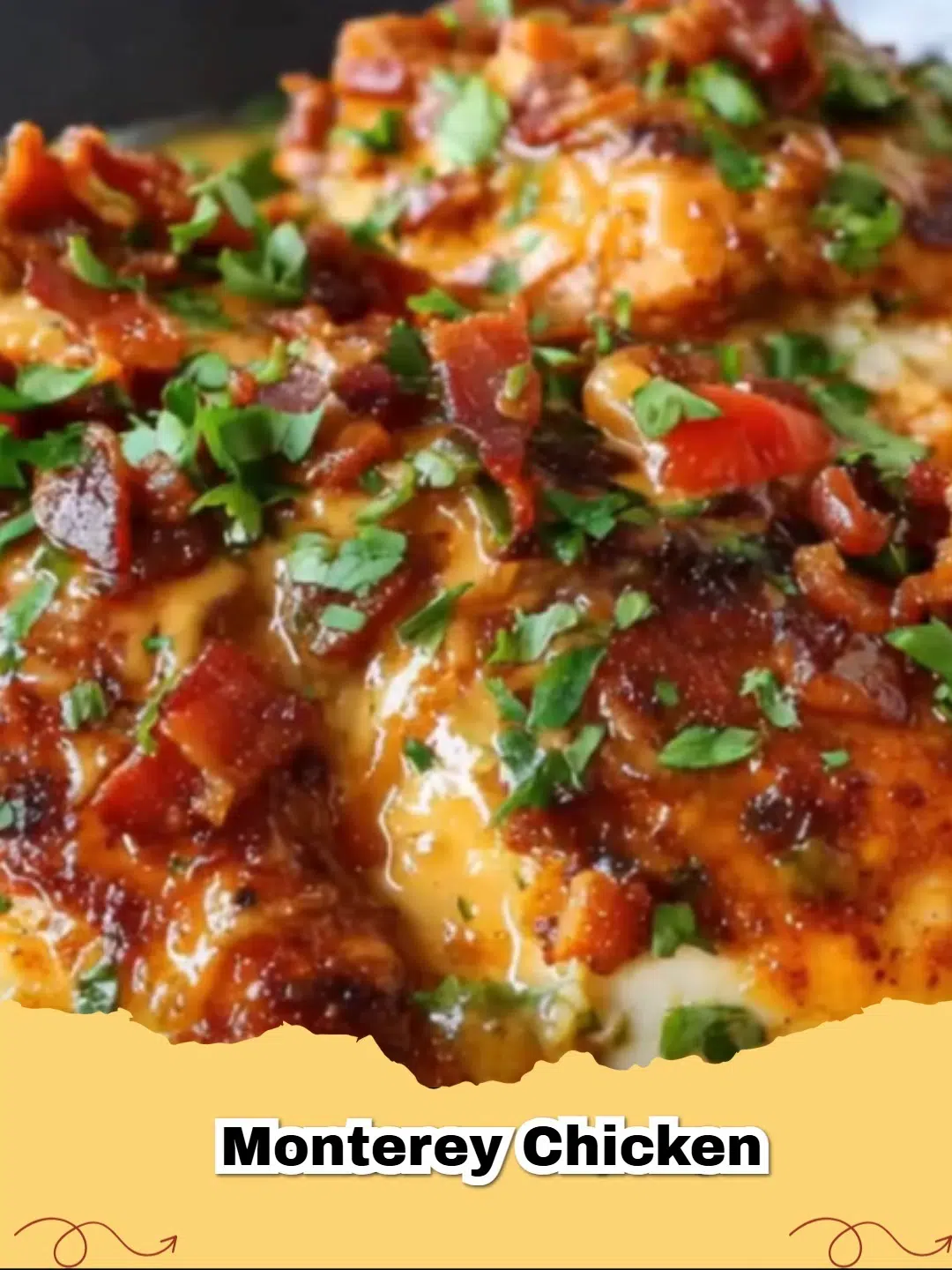A close-up shot of the finished Easy Monterey Chicken Recipe with melted cheese and green onions.
