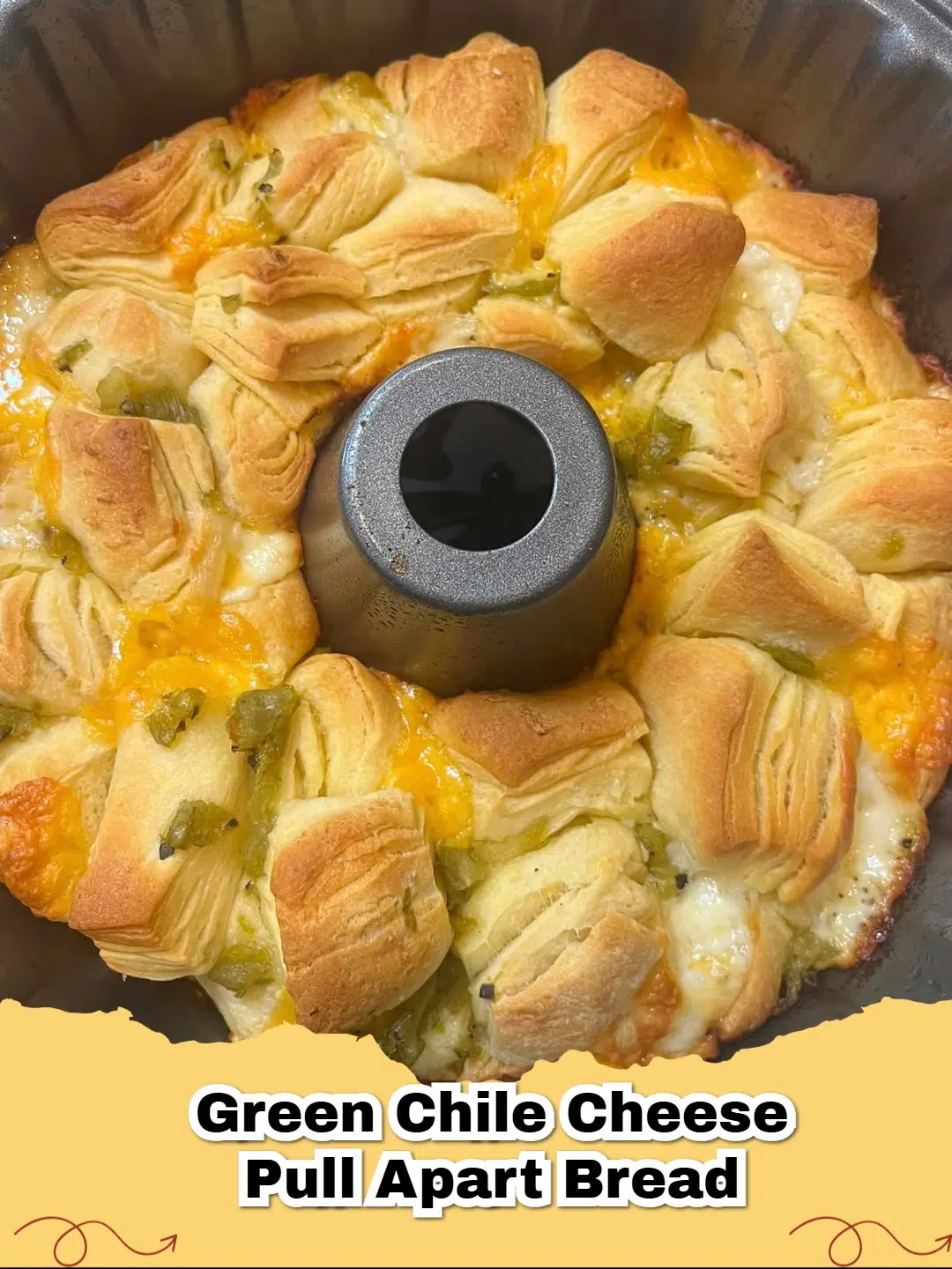 Golden brown Green Chile Cheese Pull Apart Bread with melted cheese and green chiles