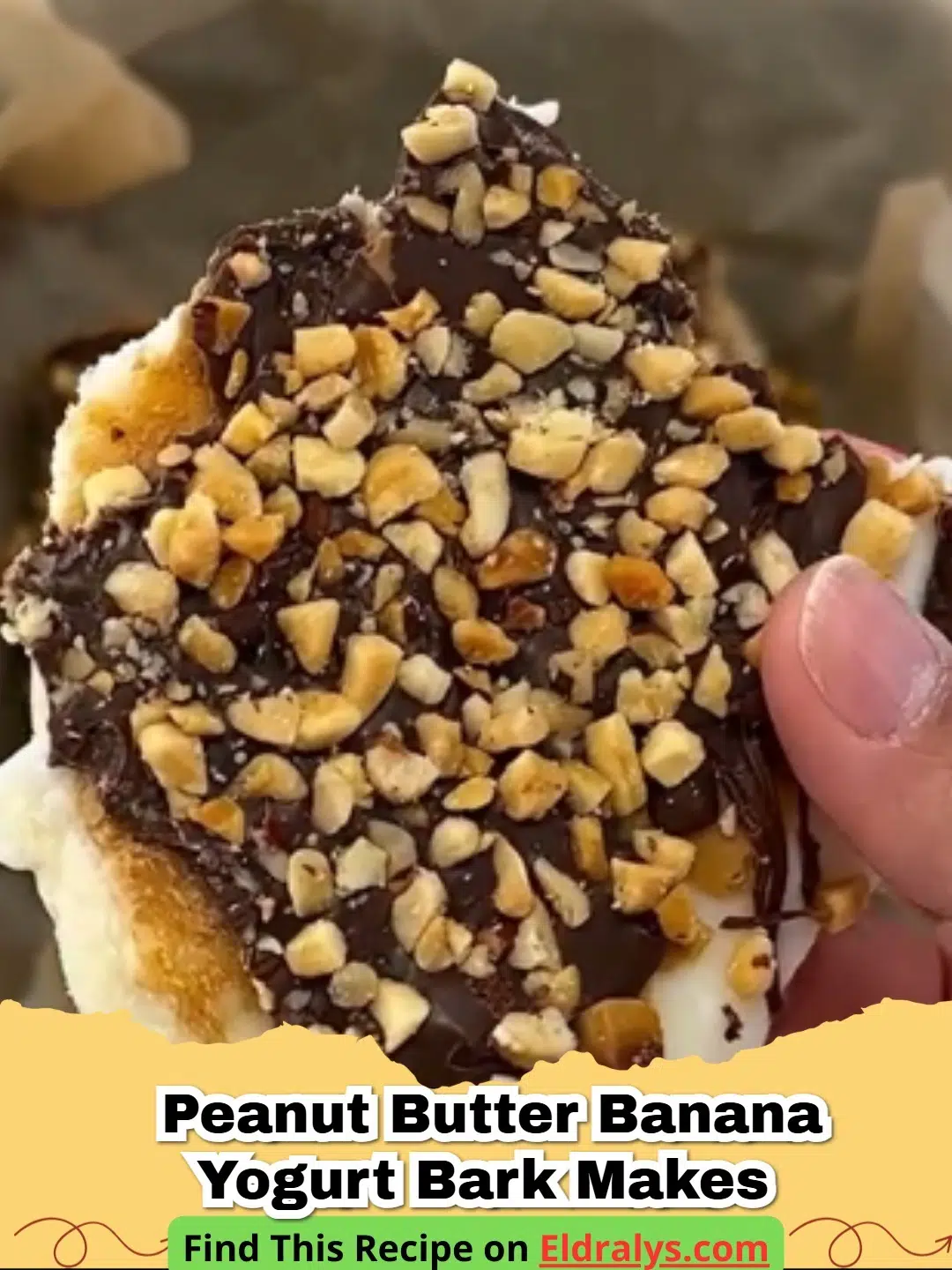 A tray of broken pieces of Peanut Butter Banana Yogurt Bark with chocolate drizzle.