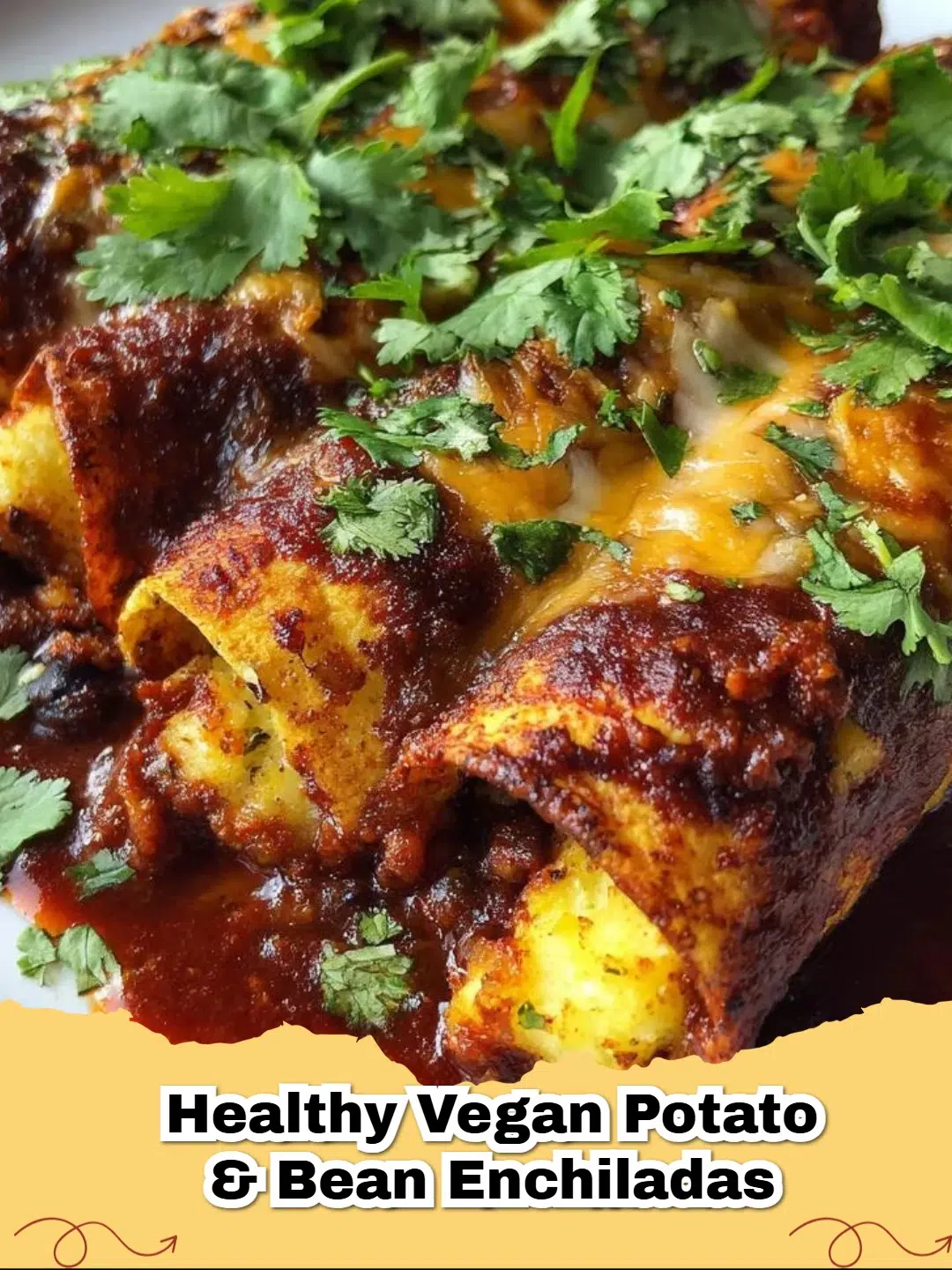A baking dish filled with Healthy Vegan Potato & Bean Enchiladas topped with sauce and cilantro.