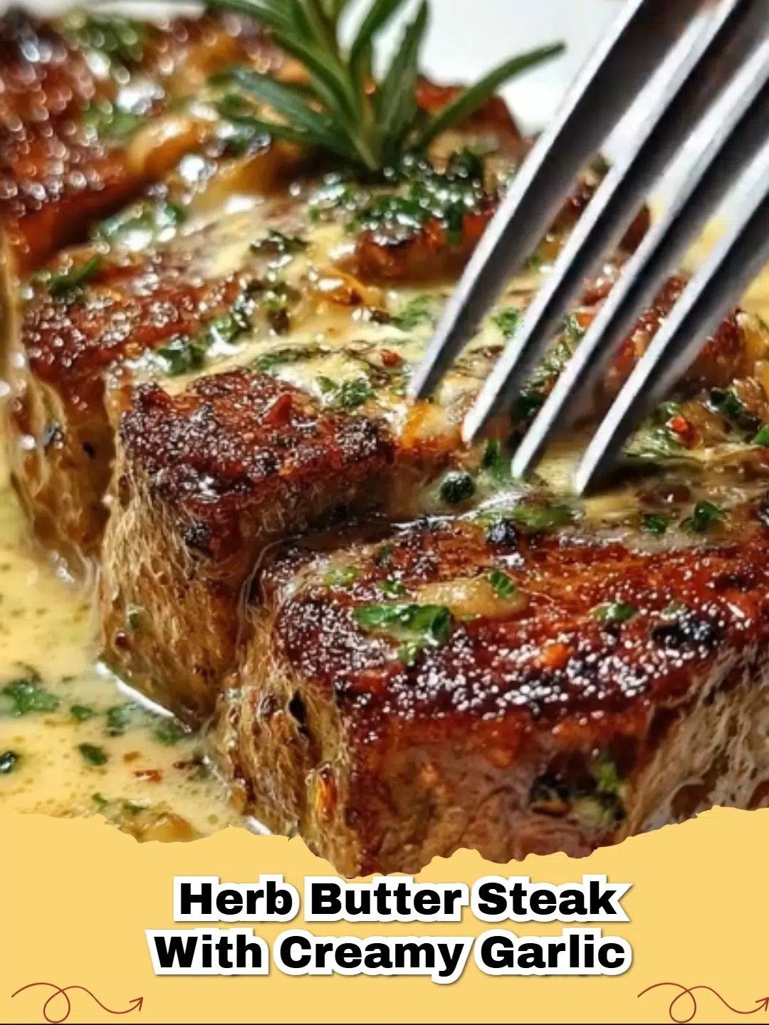 Juicy Herb Butter Steak with Creamy Garlic Sauce served in a cast iron skillet with fresh herbs.