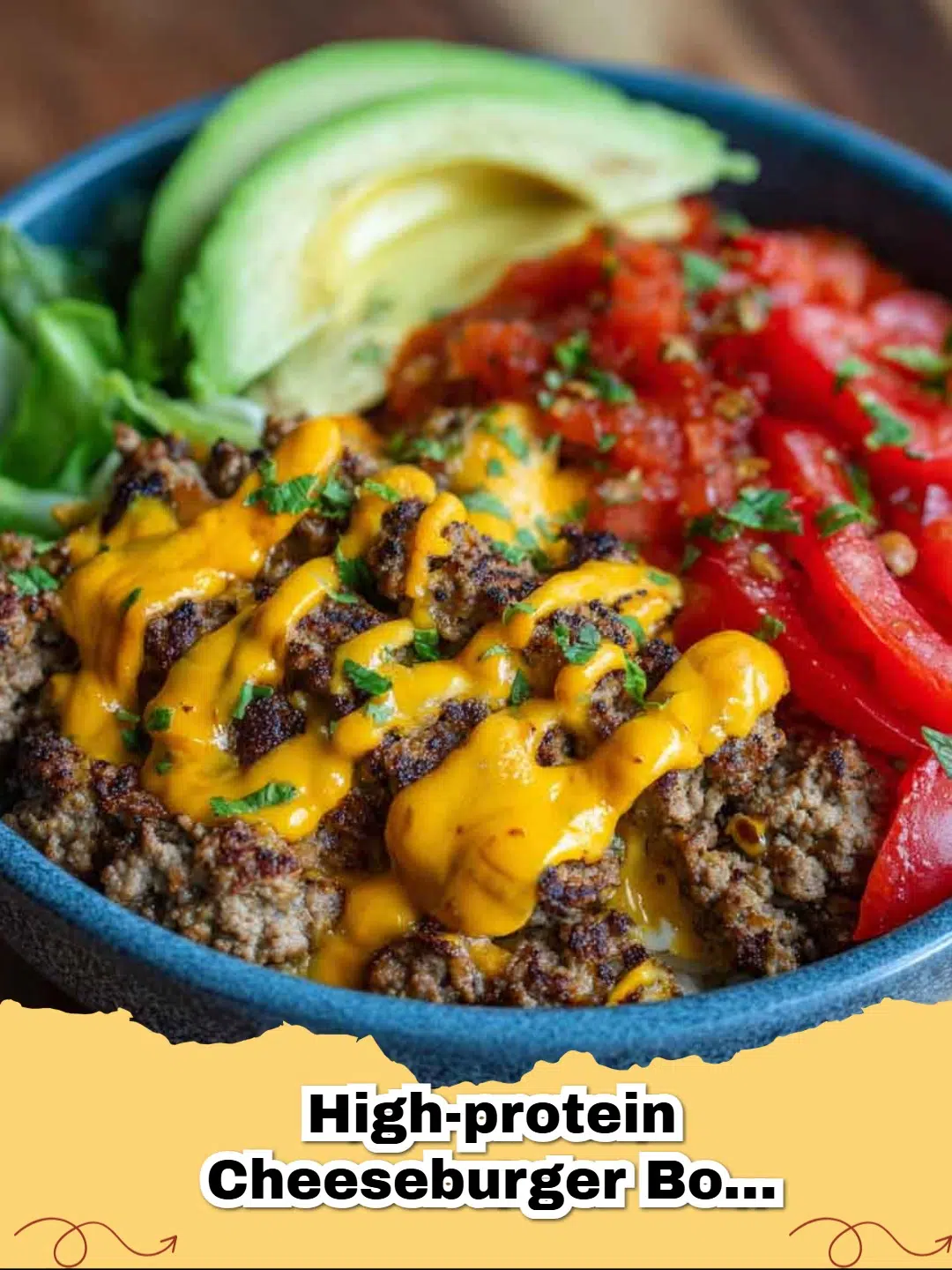 A vibrant and delicious High-Protein Cheeseburger Bowl with ground beef, pickles, and tomatoes.