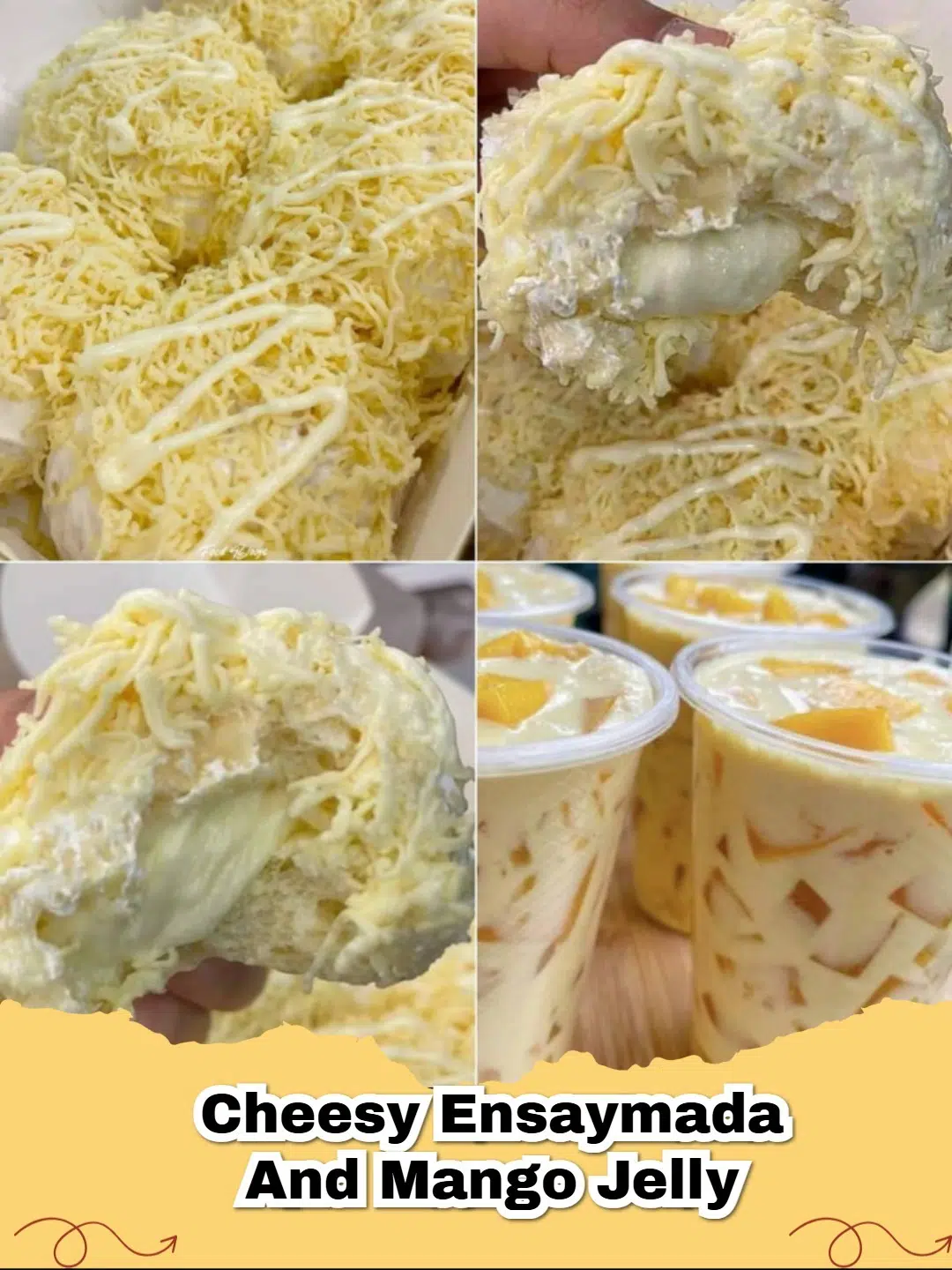 Close-up of fluffy cheesy ensaymada and mango jelly topped with golden cheddar cheese