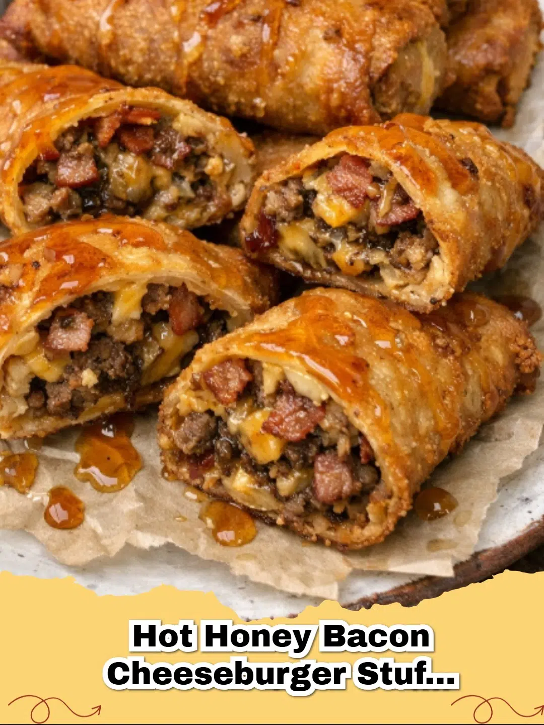 Crispy Hot Honey Bacon Cheeseburger Stuffed Egg Rolls with a golden-brown wrapper and juicy filling.