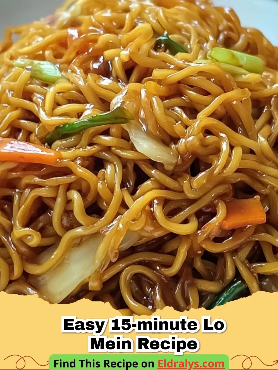 Easy 15-minute lo mein noodles tossed with vegetables in a savory sauce, served hot in a bowl.