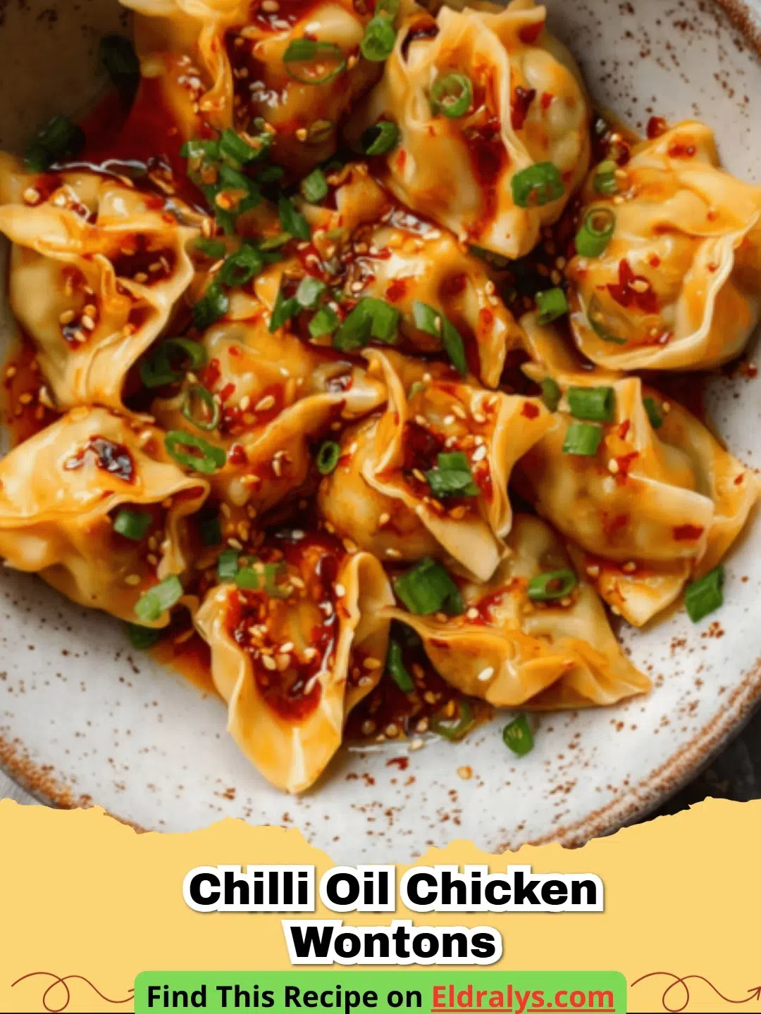 Plate of crispy chicken wontons drizzled with spicy chili oil, topped with sesame seeds and green onions, served with a dipping sauce on the side