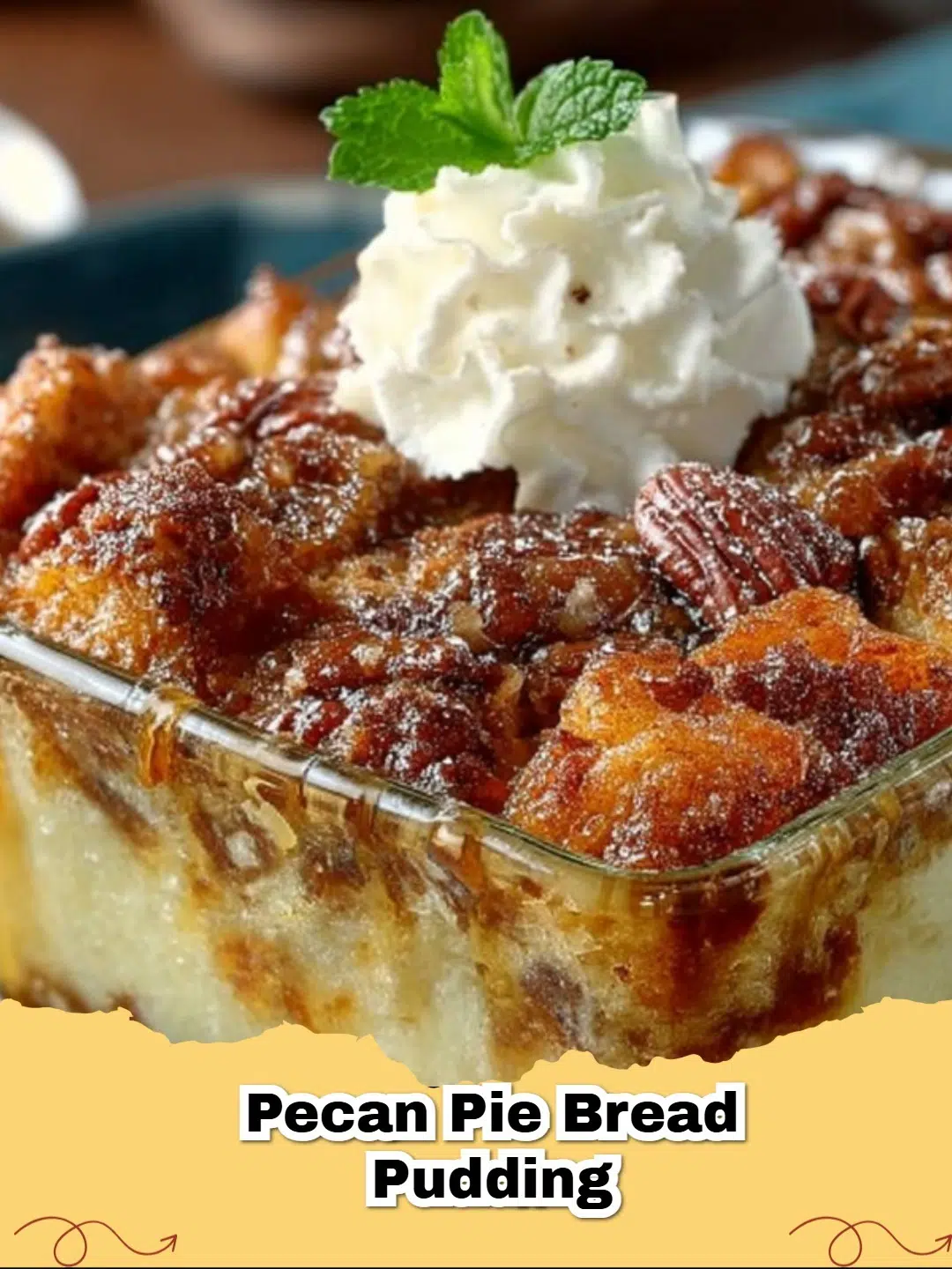 Delicious slice of pecan pie bread pudding with a scoop of vanilla ice cream