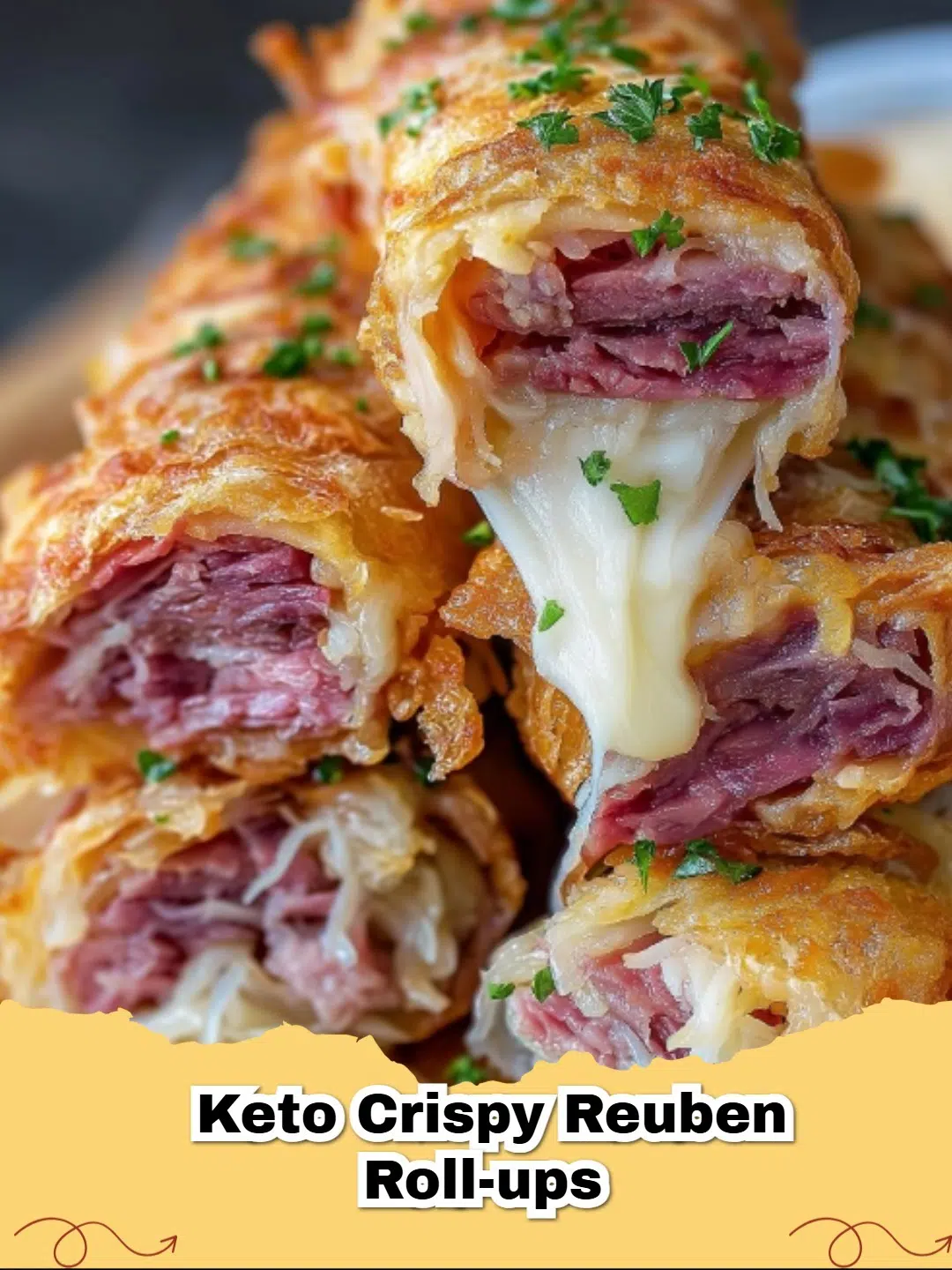 Close up of Keto Crispy Reuben Roll-Ups with a golden brown cheese shell and corned beef filling.