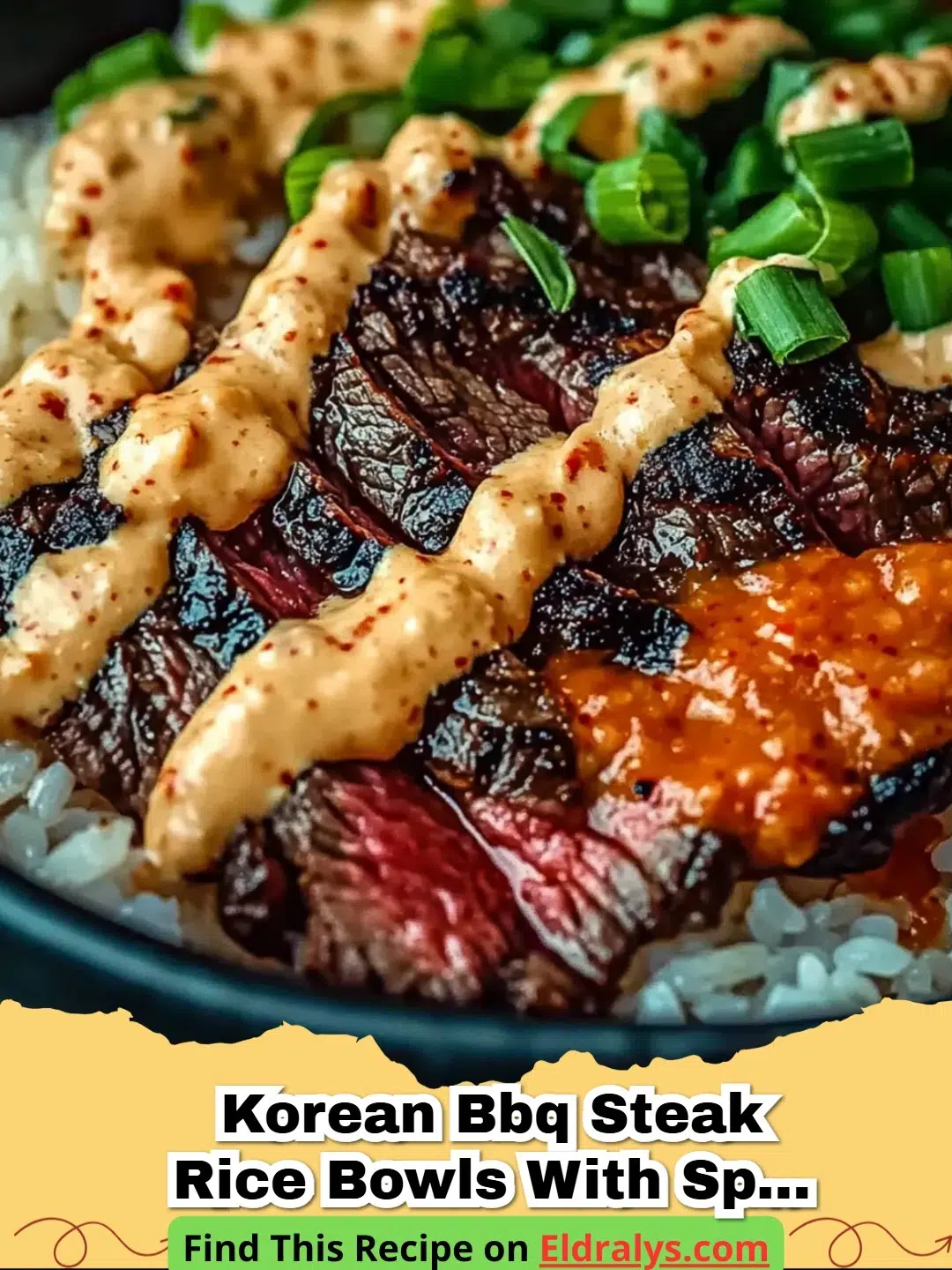 A close up of Korean BBQ Steak Rice Bowls with Spicy Cream Sauce topped with sesame seeds and scallions