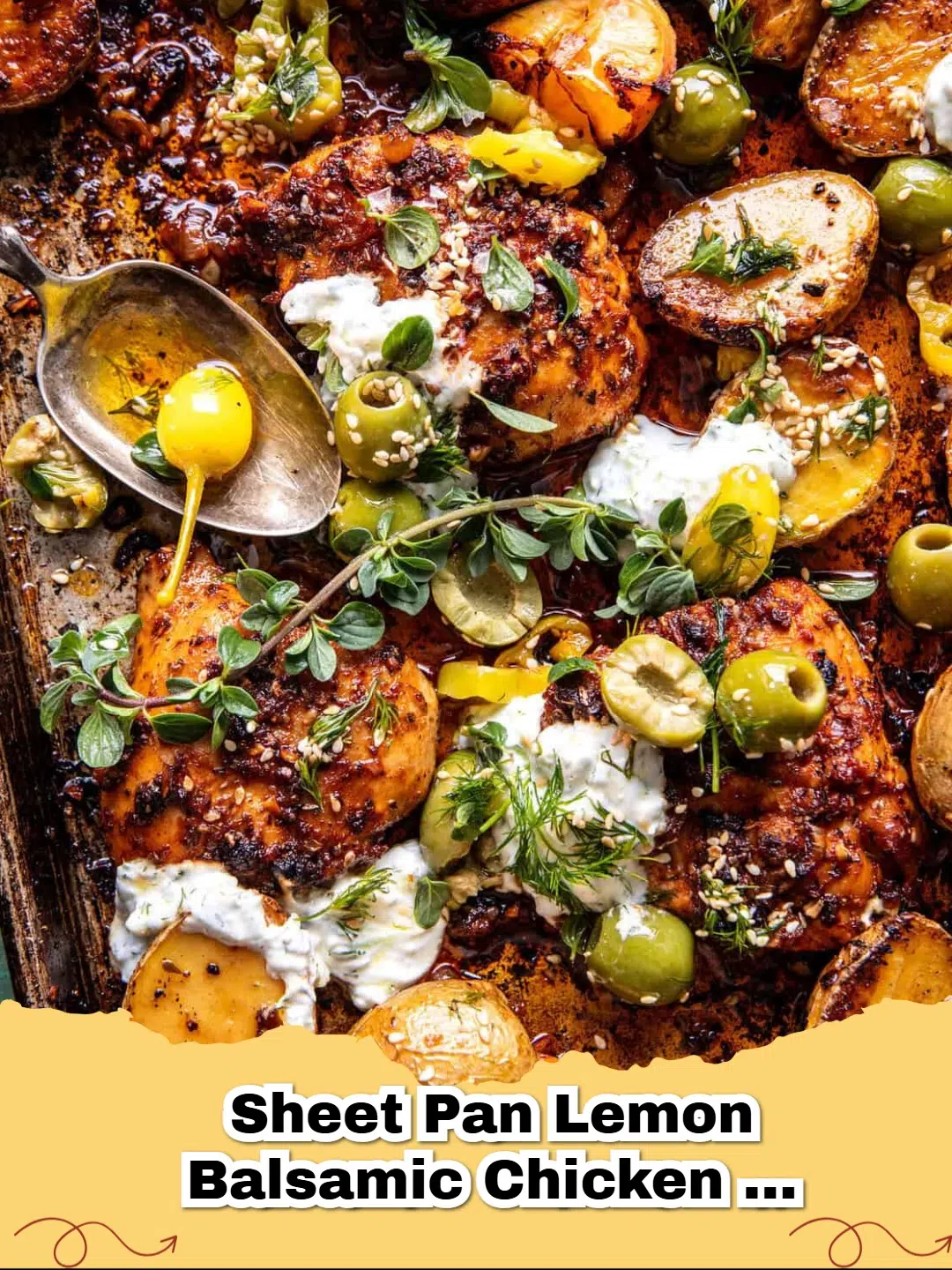 A delicious skillet of Sheet Pan Lemon Balsamic Chicken and Potatoes