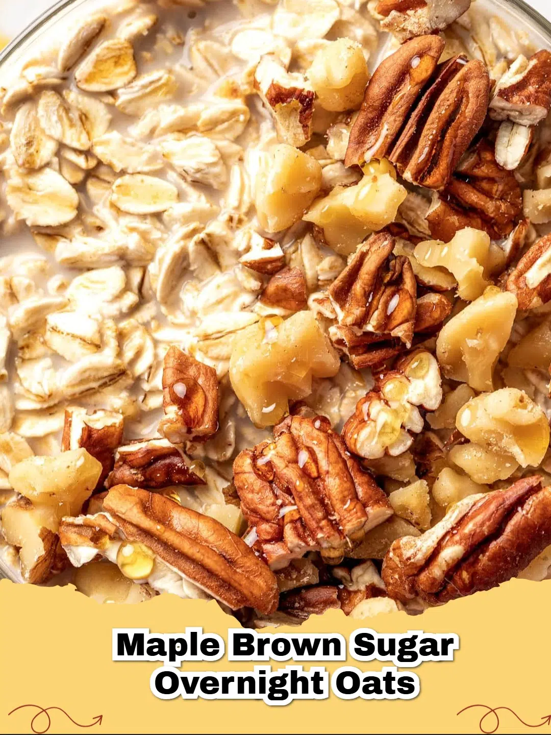 A jar of Maple Brown Sugar Overnight Oats topped with pecans and walnuts on a rustic wooden table.