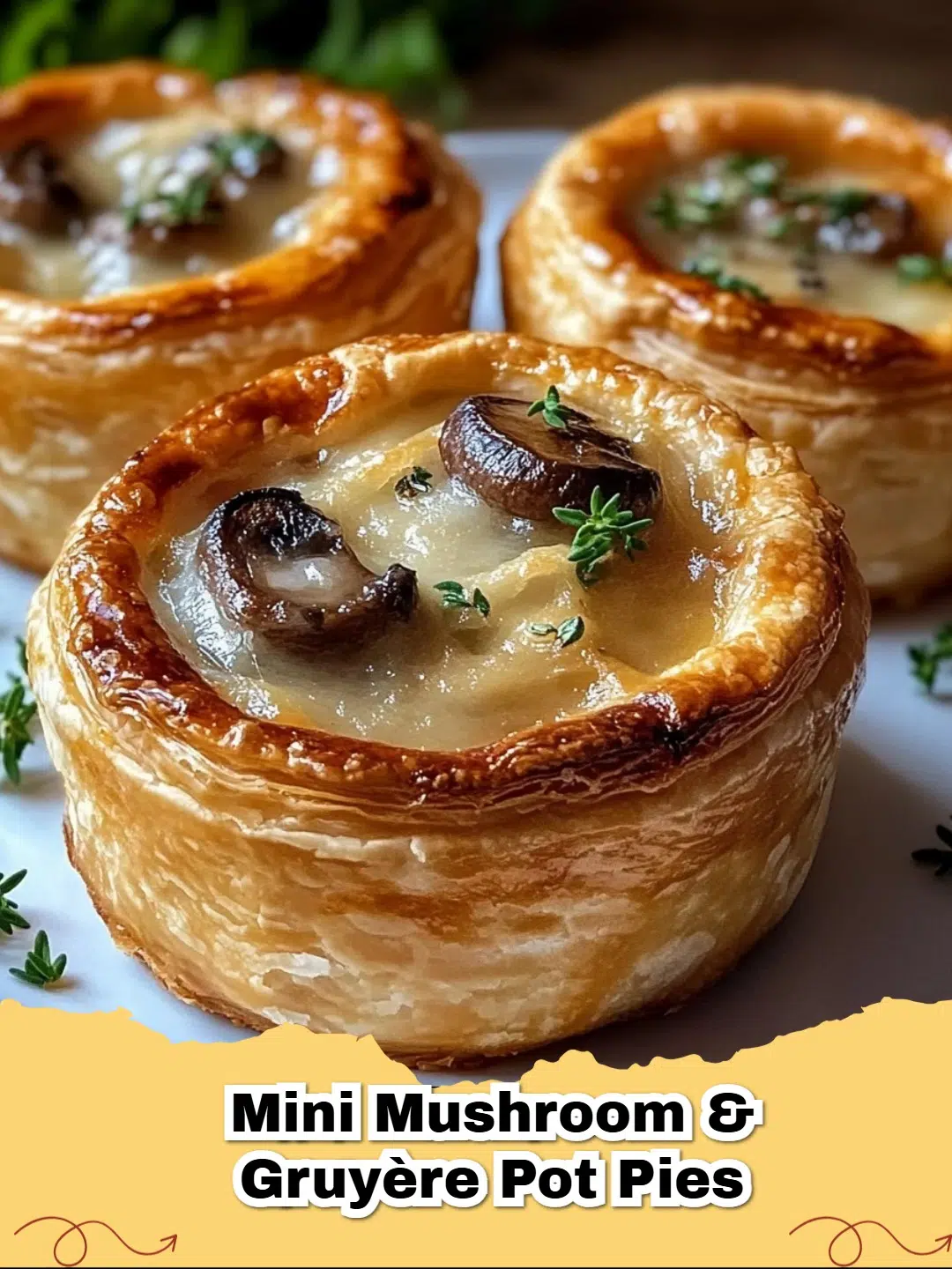 Golden brown Mini Mushroom and Gruyère Pot Pies in individual white ramekins.