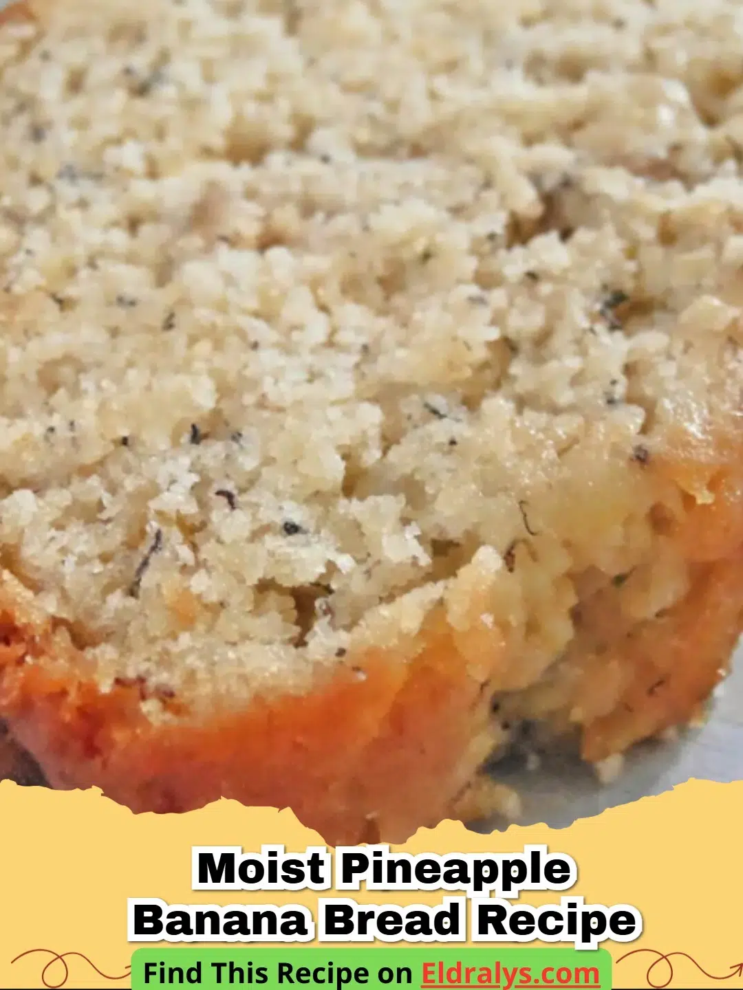 A thick slice of Moist Pineapple Banana Bread Recipe on a wooden board with fresh pineapple slices.