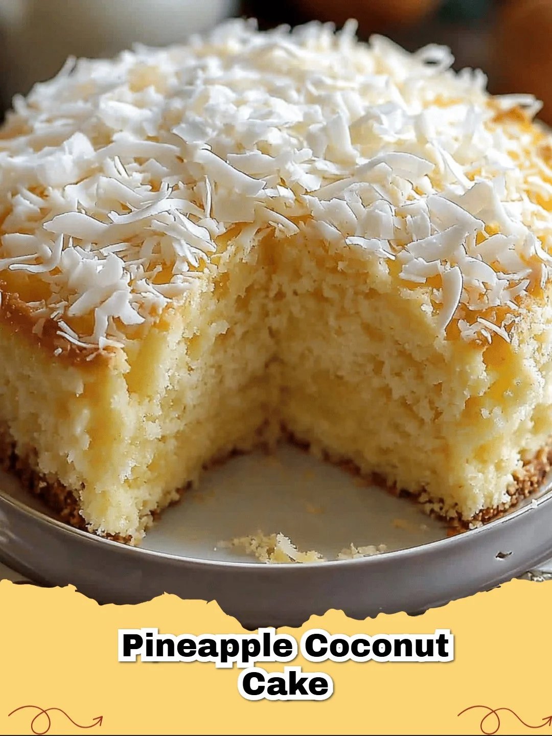 A close up shot of a slice of Moist Pineapple Coconut Cake with cream cheese frosting and toasted coconut.