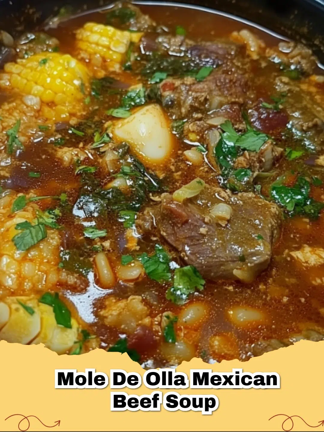 A steaming bowl of Mole de Olla Mexican beef soup garnished with fresh cilantro and chopped onion, with corn tortillas on the side.