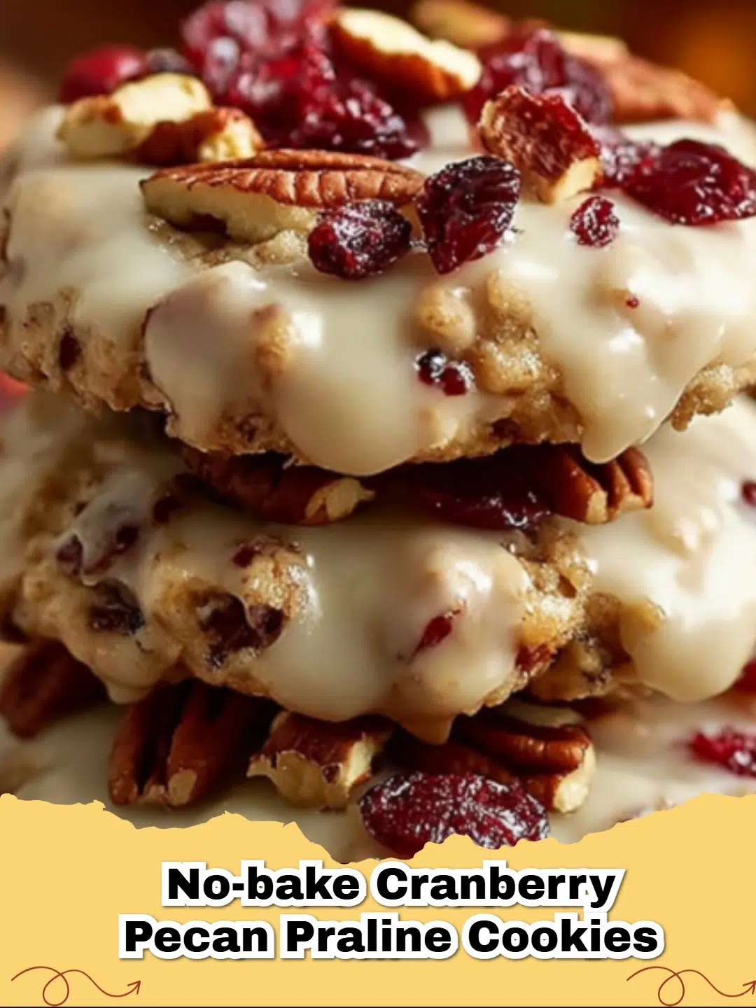 Delicious no-bake cranberry pecan praline cookies arranged on a festive plate, garnished with whole pecans and fresh cranberries.