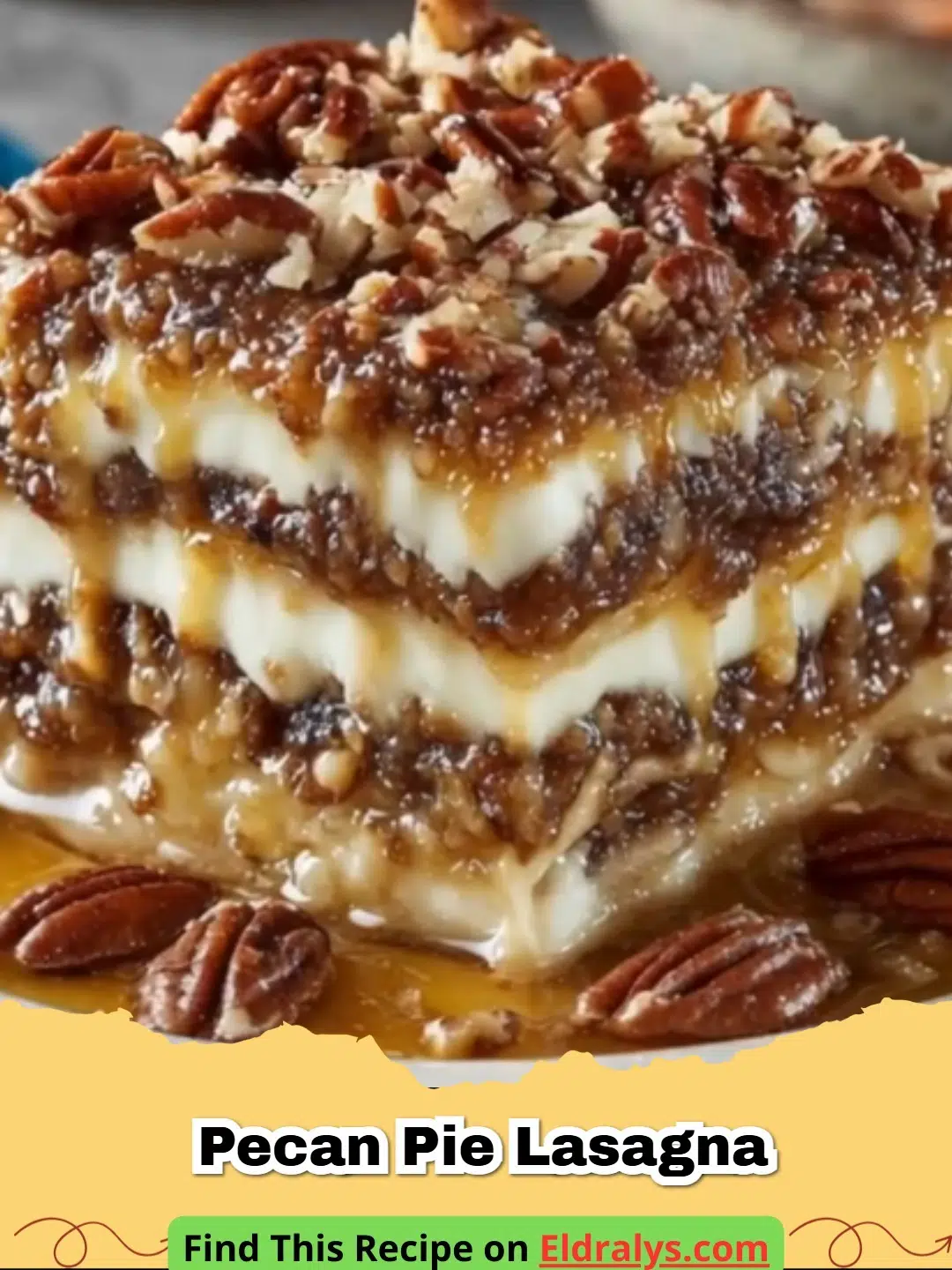 A close up slice of Pecan Pie Lasagna showing distinct layers of crust, cream cheese, and pudding topped with pecans.