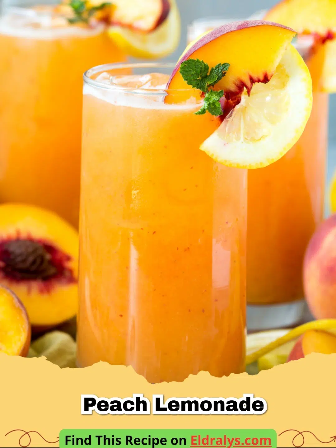 A glass of refreshing Peach Lemonade with ice and a peach wedge garnish