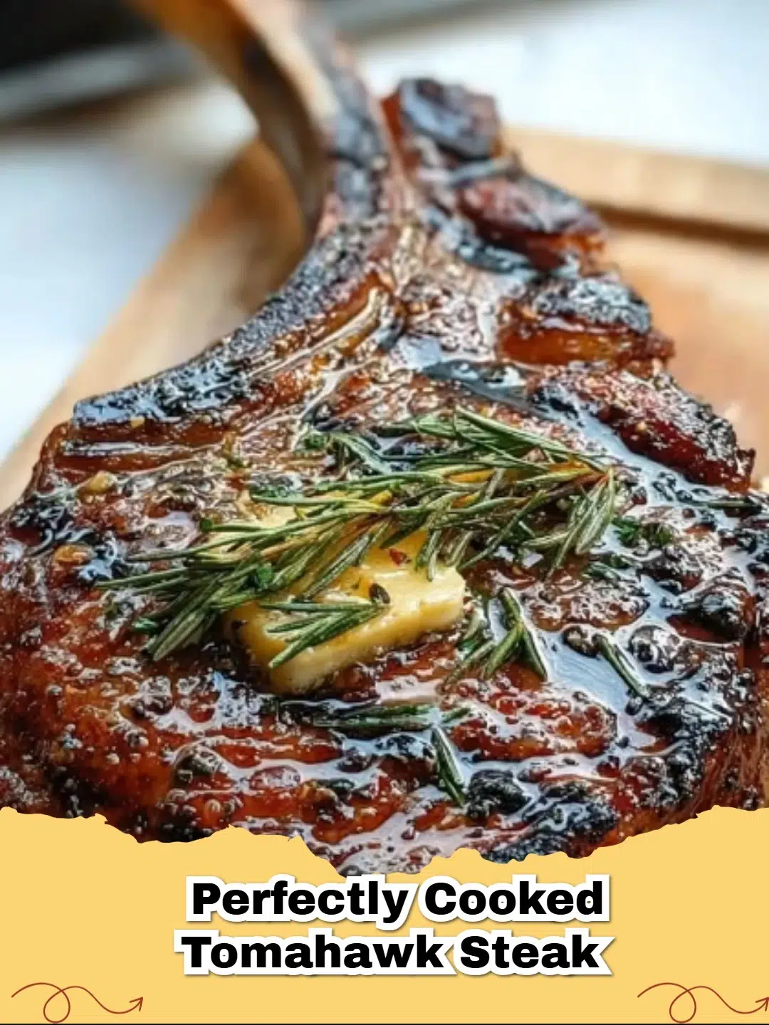 A perfectly cooked tomahawk steak with a long bone resting on a wooden board with herbs.