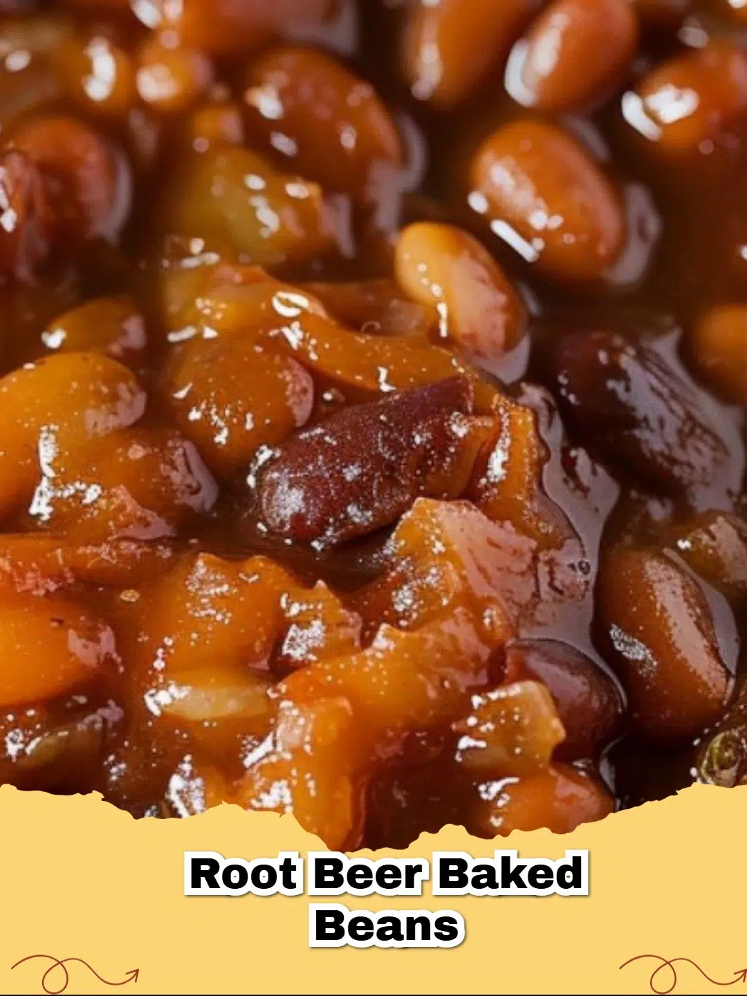 Delicious Root Beer Baked Beans in a ceramic dish, garnished with crispy bacon