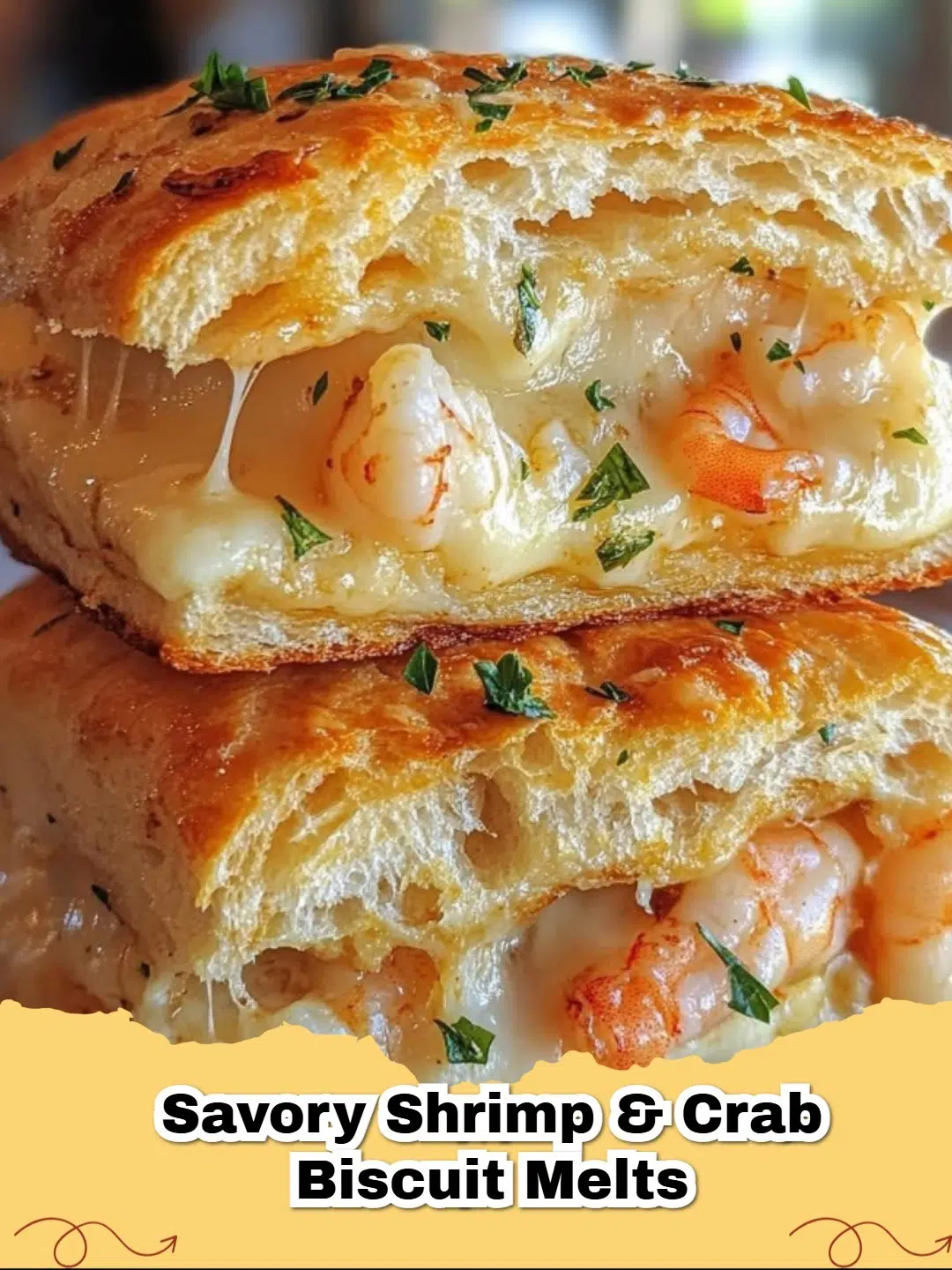 Delicious savory shrimp and crab biscuit melts with melted cheese and fresh parsley, on a serving platter.