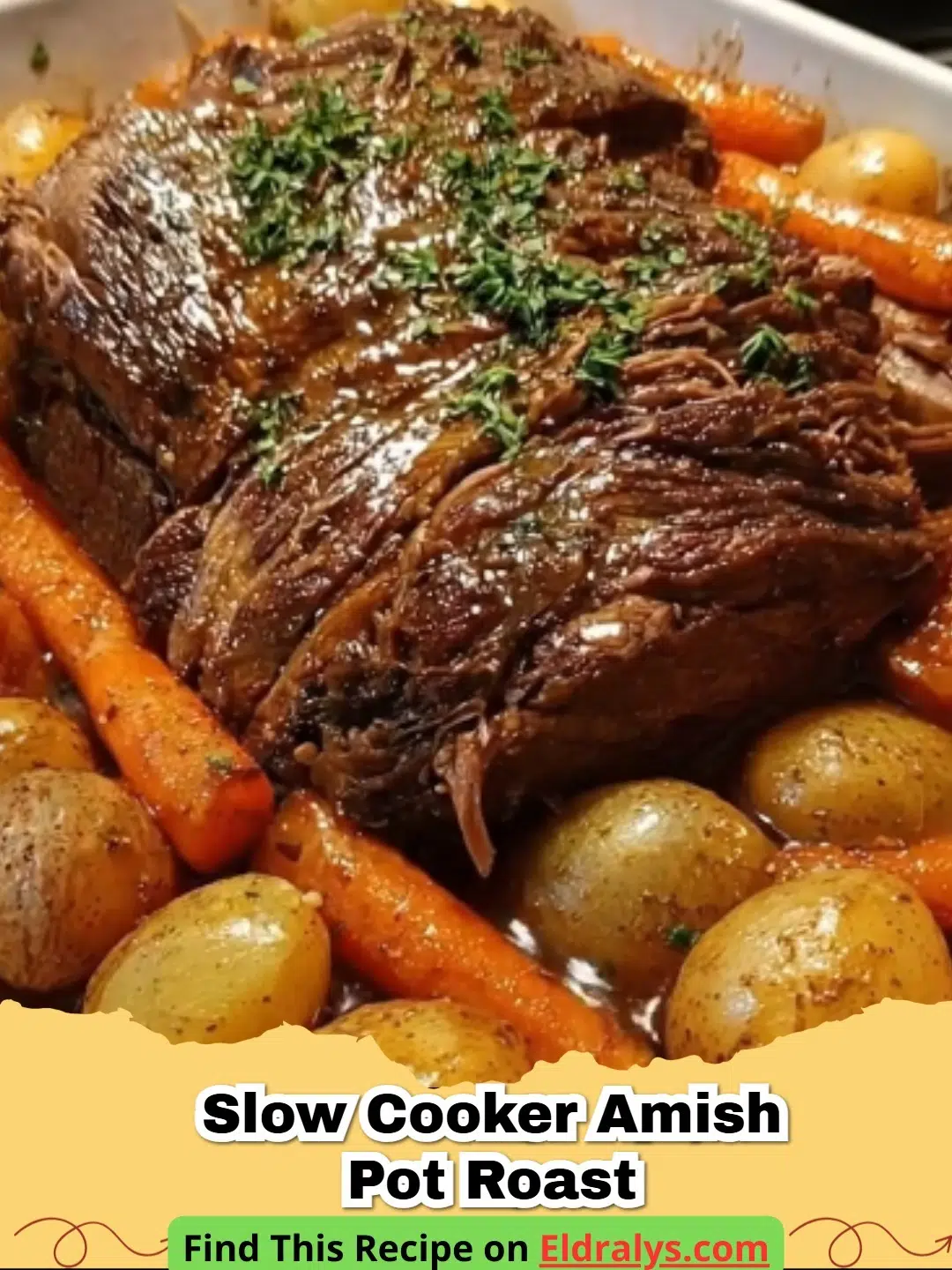 A close-up of a tender Slow Cooker Amish Pot Roast with carrots and potatoes on a rustic plate.
