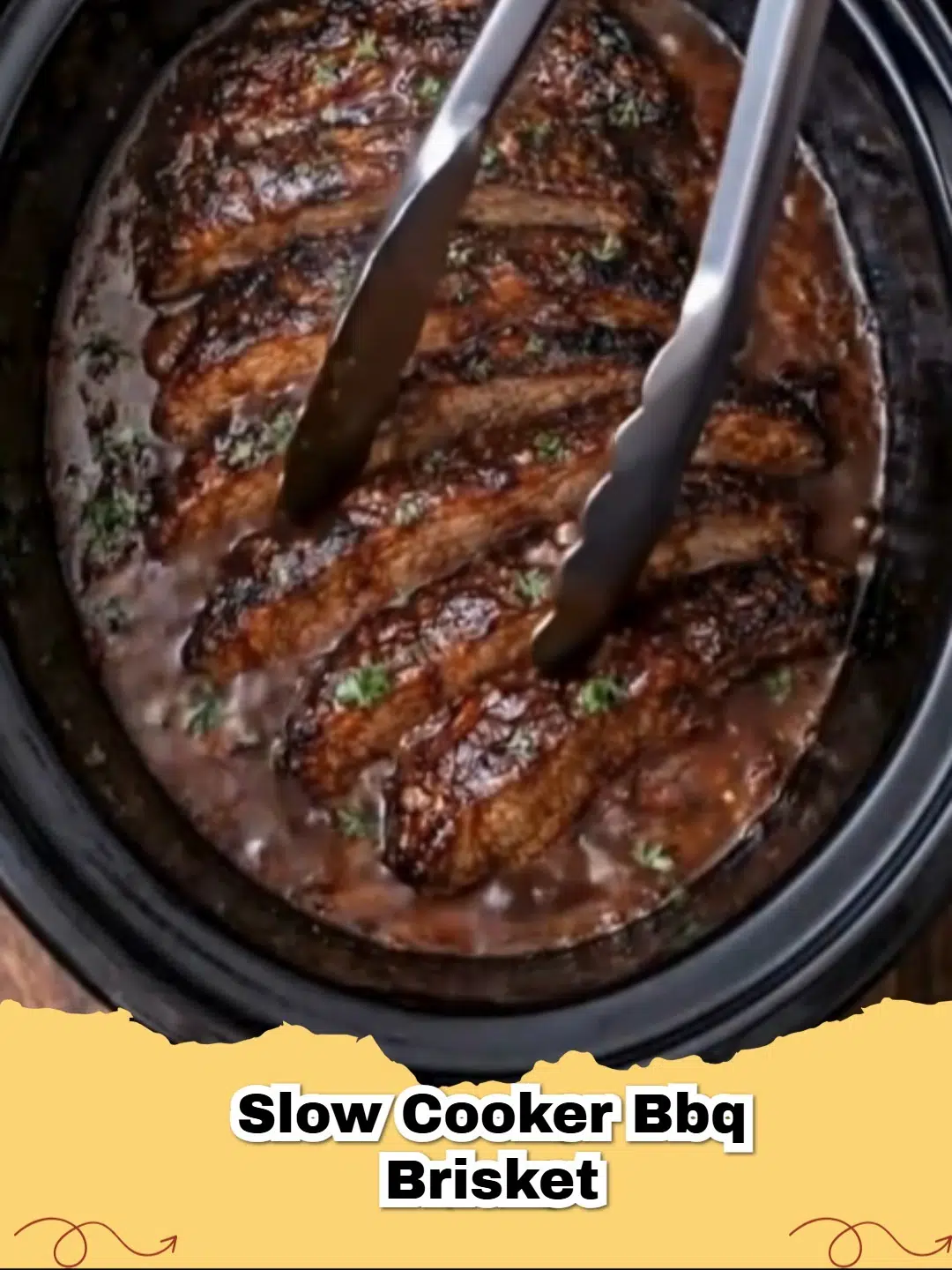 A close-up shot of sliced Slow Cooker BBQ Brisket glistening with sauce.