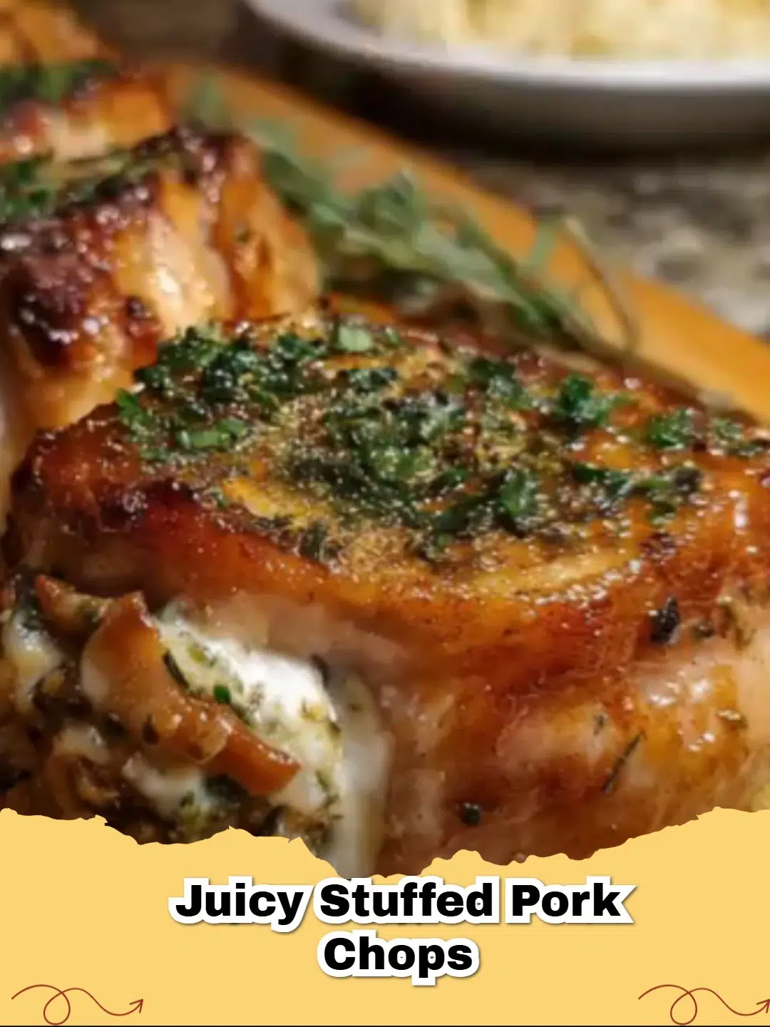 Golden brown seared Spinach and Cheese Stuffed Pork Chops showing a melted cheese filling.