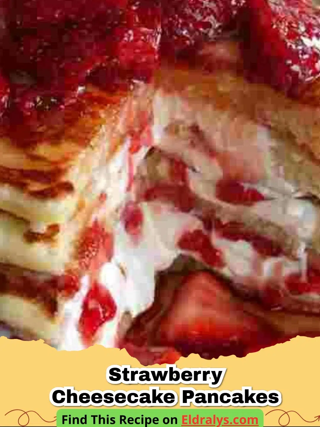 A tall stack of fluffy Strawberry Cheesecake Pancakes topped with fresh berries and cream cheese glaze