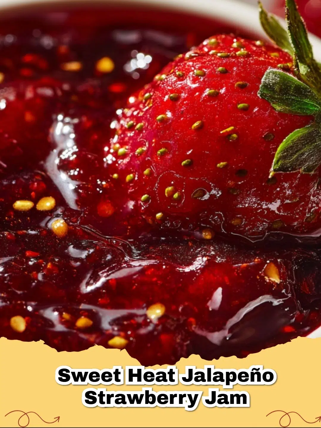 Close-up of vibrant red Sweet Heat Jalapeño Strawberry Jam in a glass canning jar, with fresh strawberries and sliced jalapeños artfully arranged in the background.