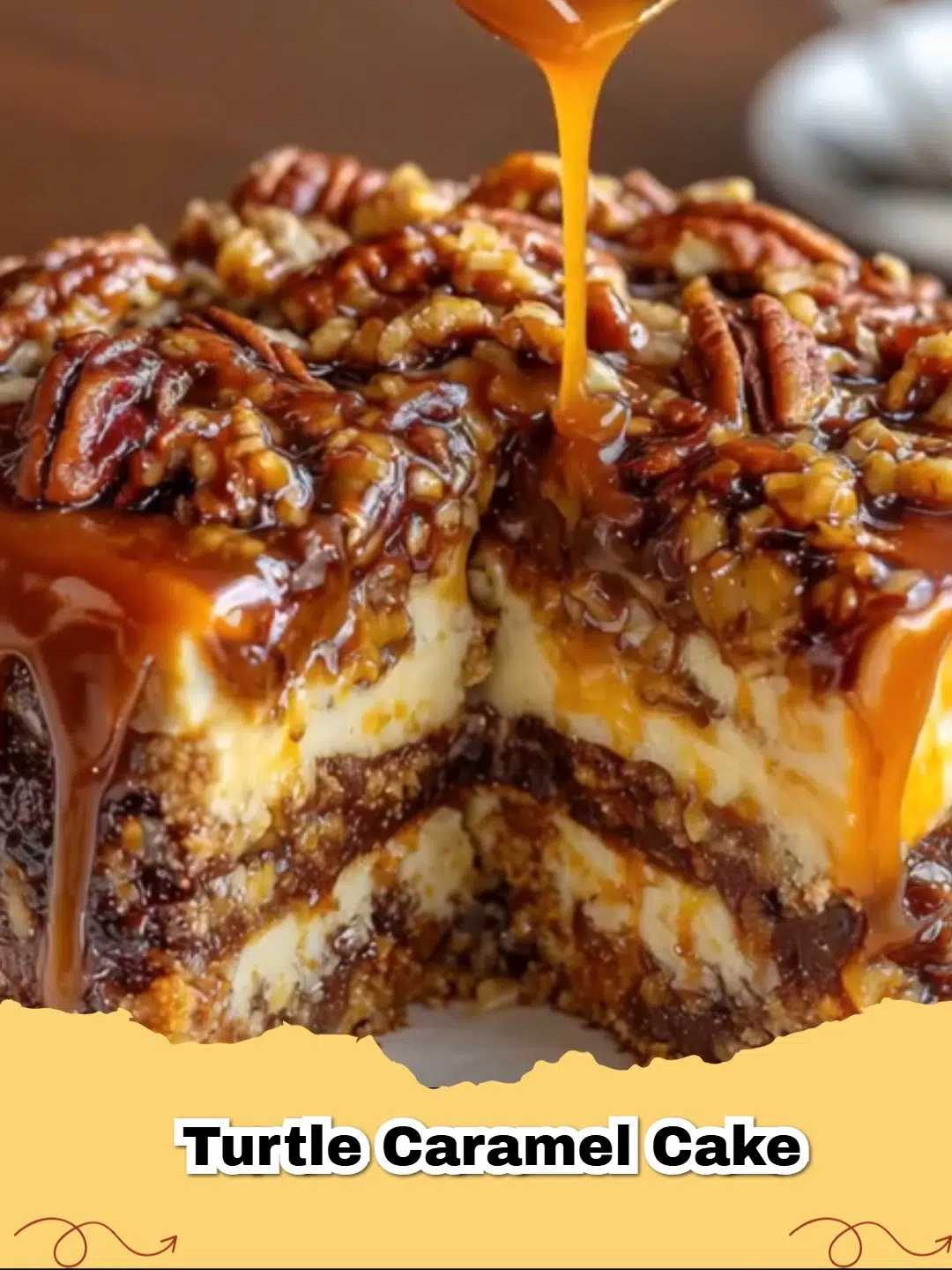 A close up view of a sliced Turtle Caramel Cake with dripping caramel and pecans