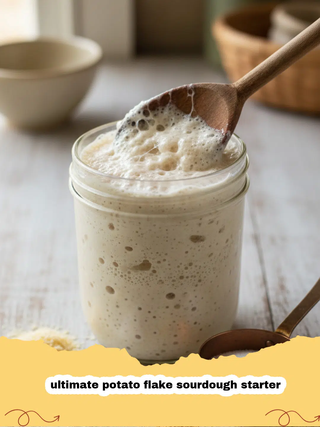 A glass jar containing active, bubbly ultimate potato flake sourdough starter on a wooden countertop.