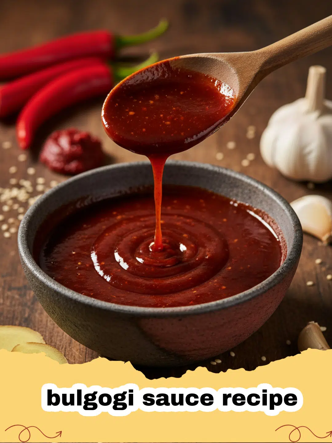 bulgogi sauce recipe - A glass jar filled with dark, rich bulgogi sauce surrounded by fresh ginger and garlic