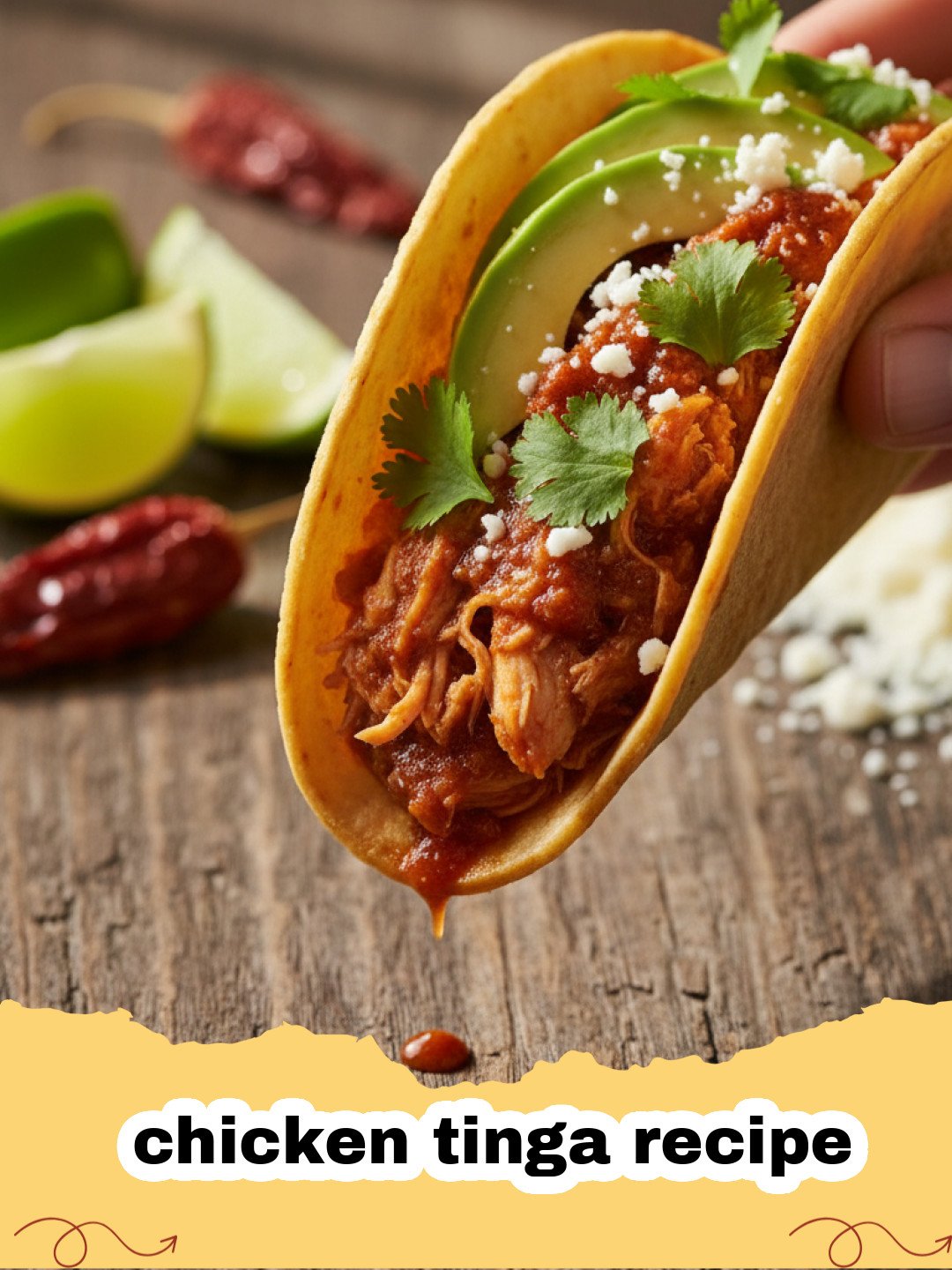 chicken tinga recipe - A close-up of shredded chicken tinga in a red smoky sauce served on a corn tostada with avocado and cilantro.