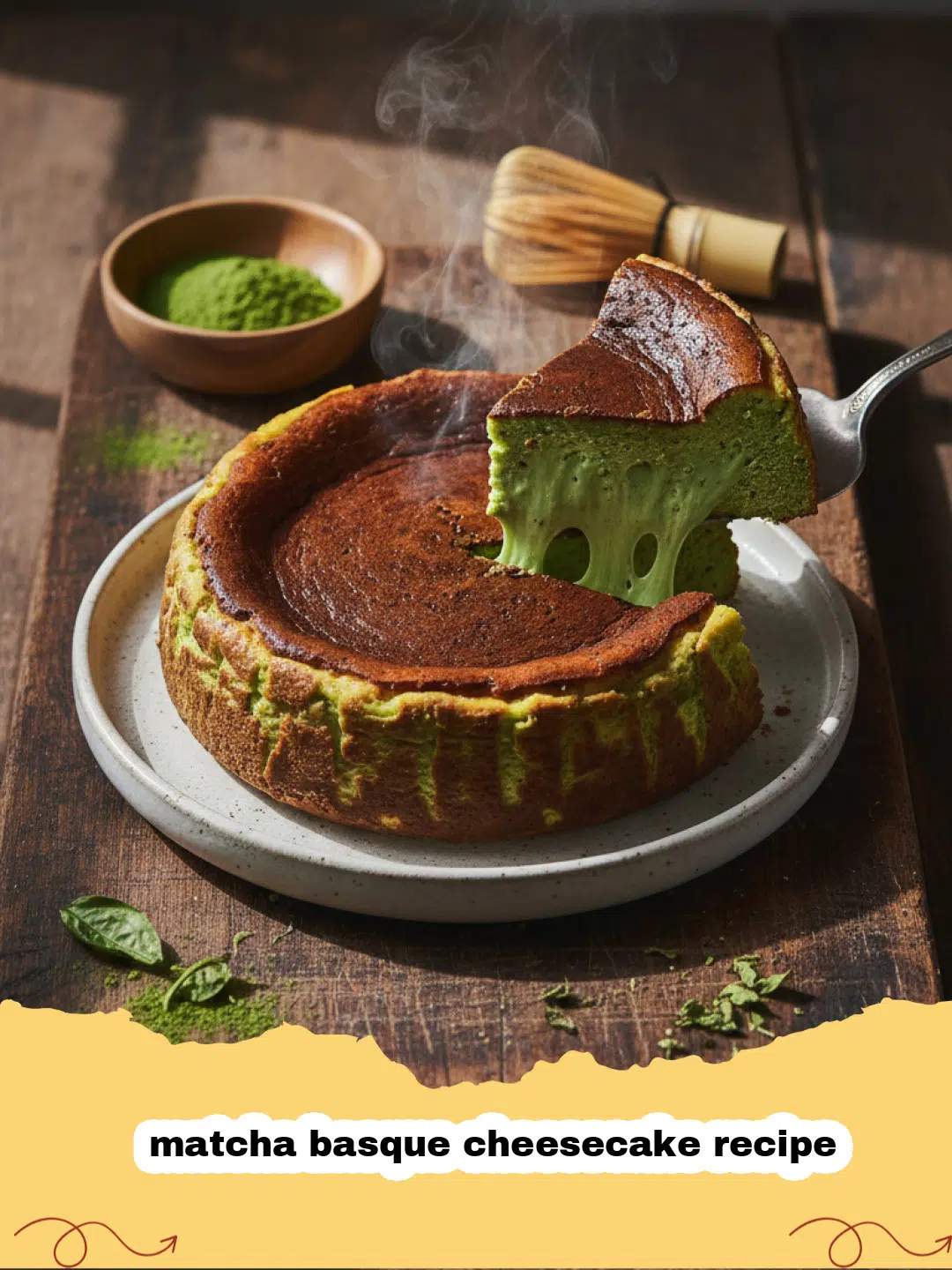 matcha basque cheesecake recipe - A slice of matcha basque cheesecake with a burnt top and vibrant green center