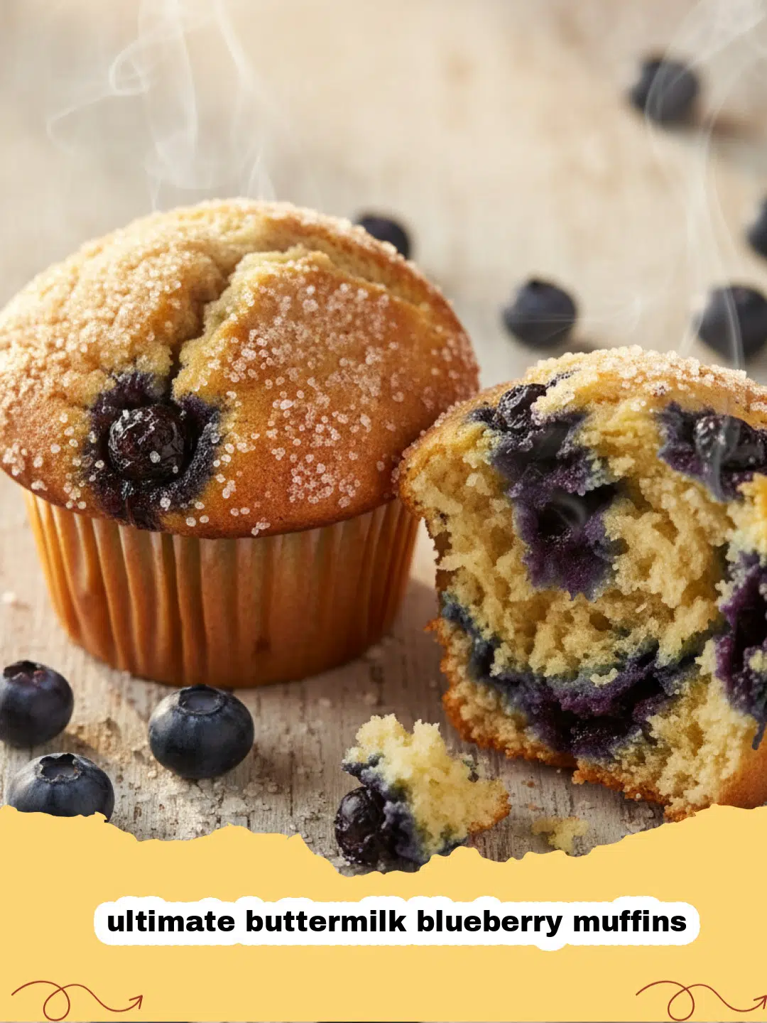 A stack of two ultimate buttermilk blueberry muffins on a wooden board with blueberries scattered around.