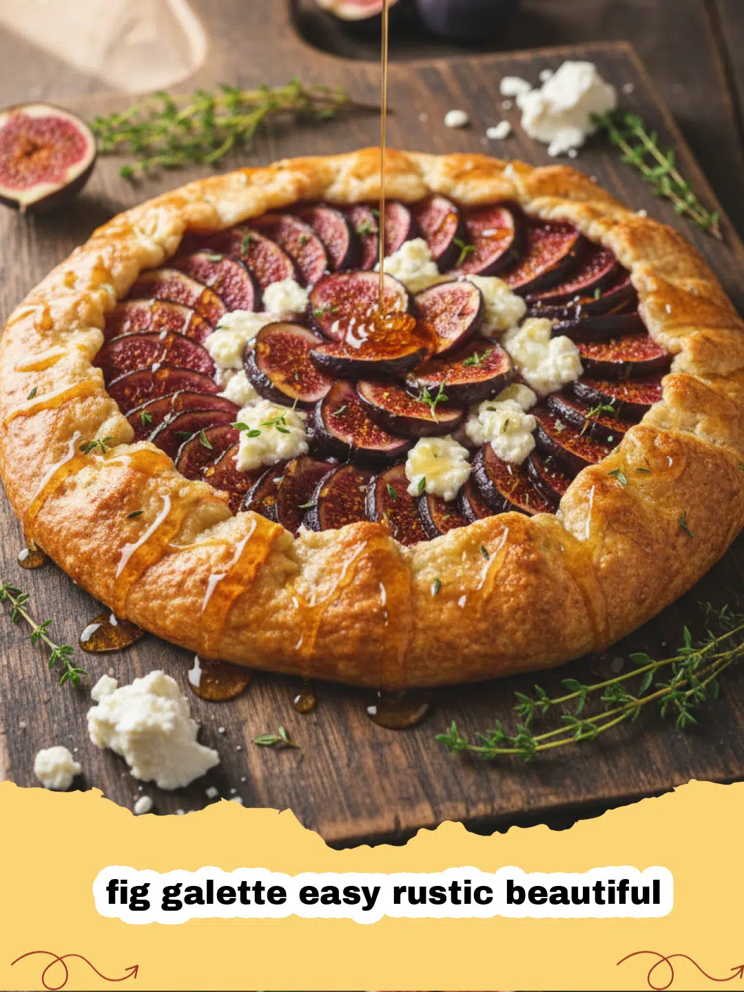 fig galette easy rustic beautiful - A golden-brown rustic fig galette topped with honey and thyme on a baking sheet.