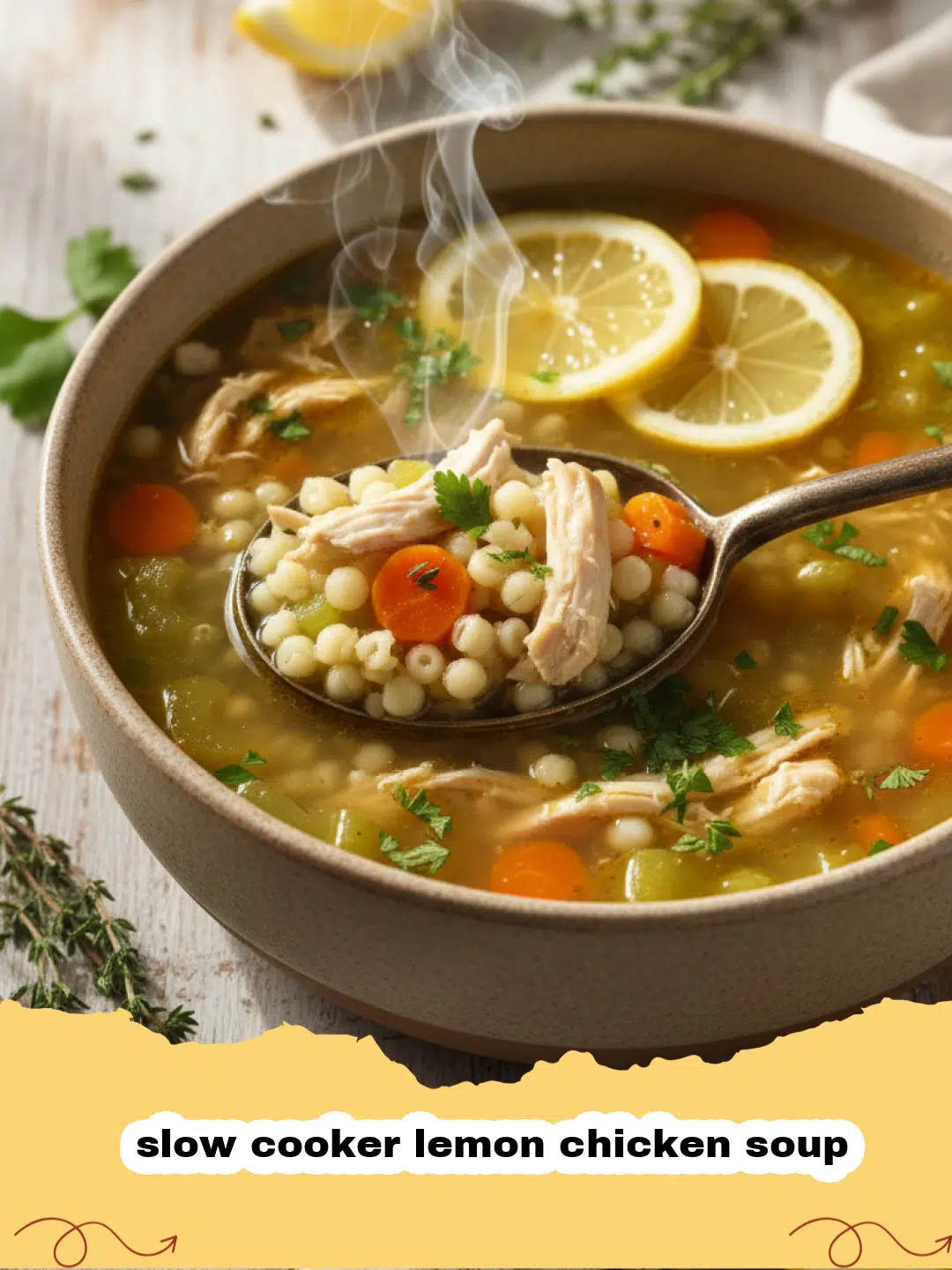 A steaming bowl of slow cooker lemon chicken soup with fresh parsley and lemon slices.