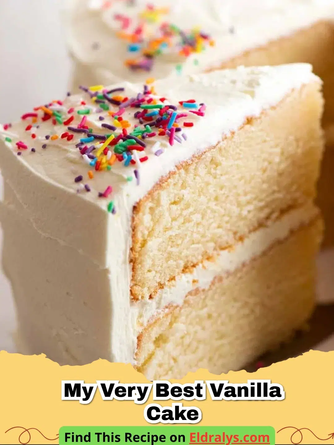 Slices of the Best Vanilla Cake Recipe on a white plate with frosting