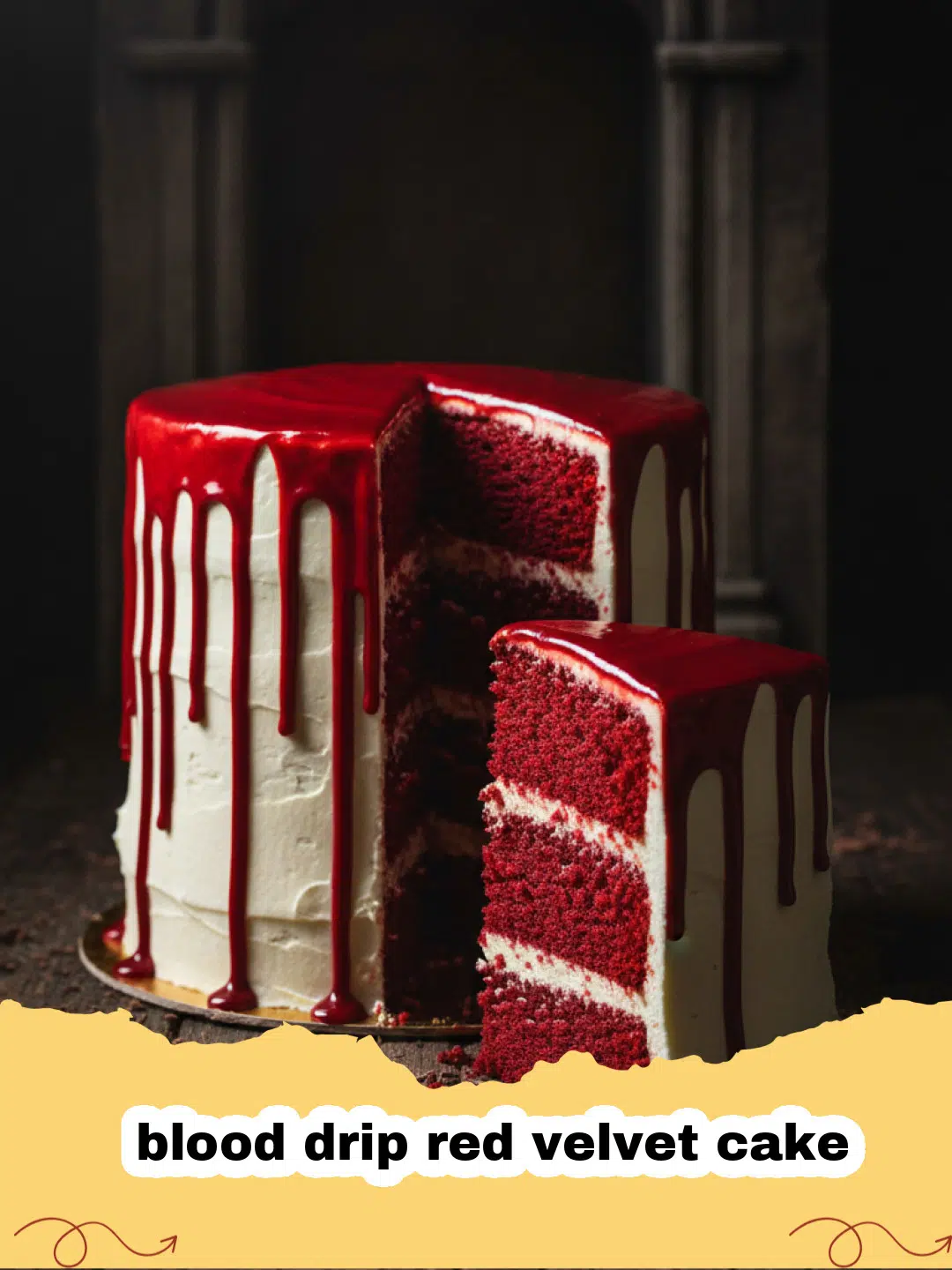A tall blood drip red velvet cake with white frosting and red ganache dripping down the sides.