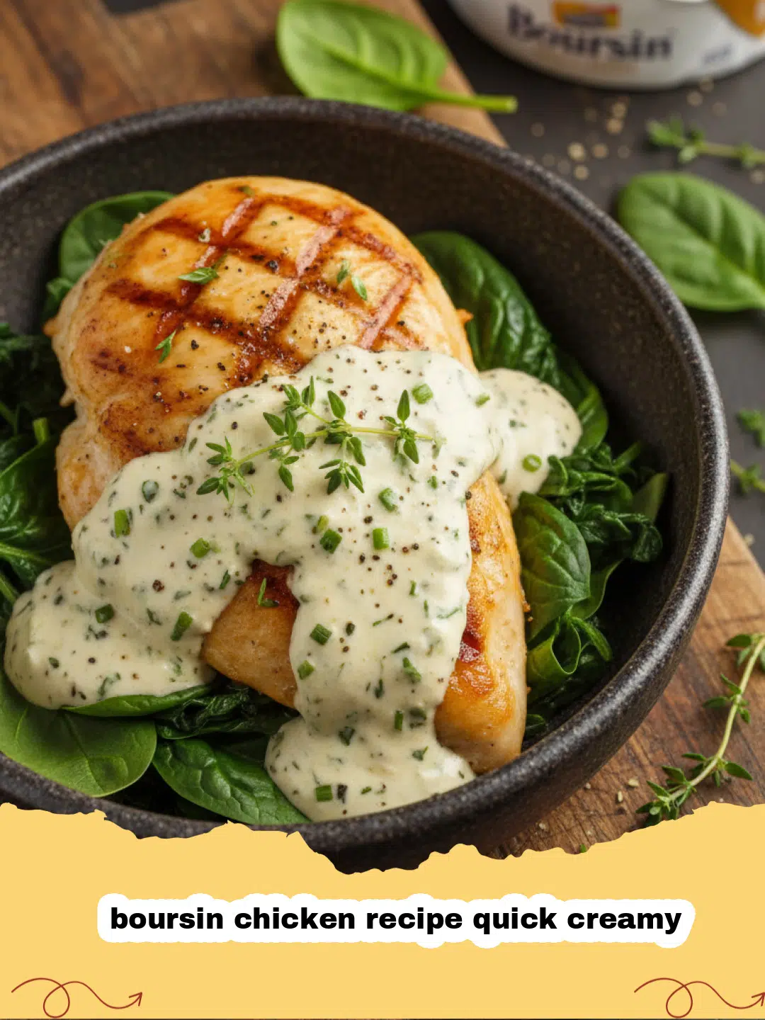 boursin chicken recipe quick creamy - A skillet containing golden seared chicken breasts smothered in a white herb cream sauce with spinach.