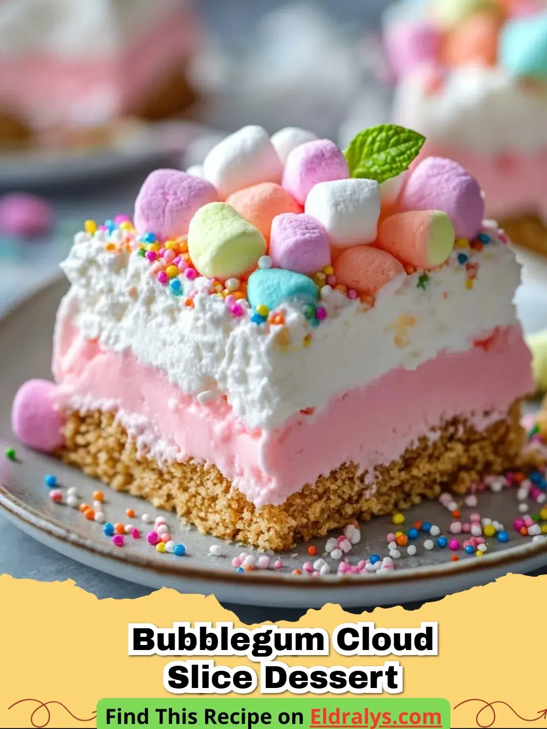 A bright pink Bubblegum Cloud Slice Dessert topped with marshmallows and sprinkles on a white plate.