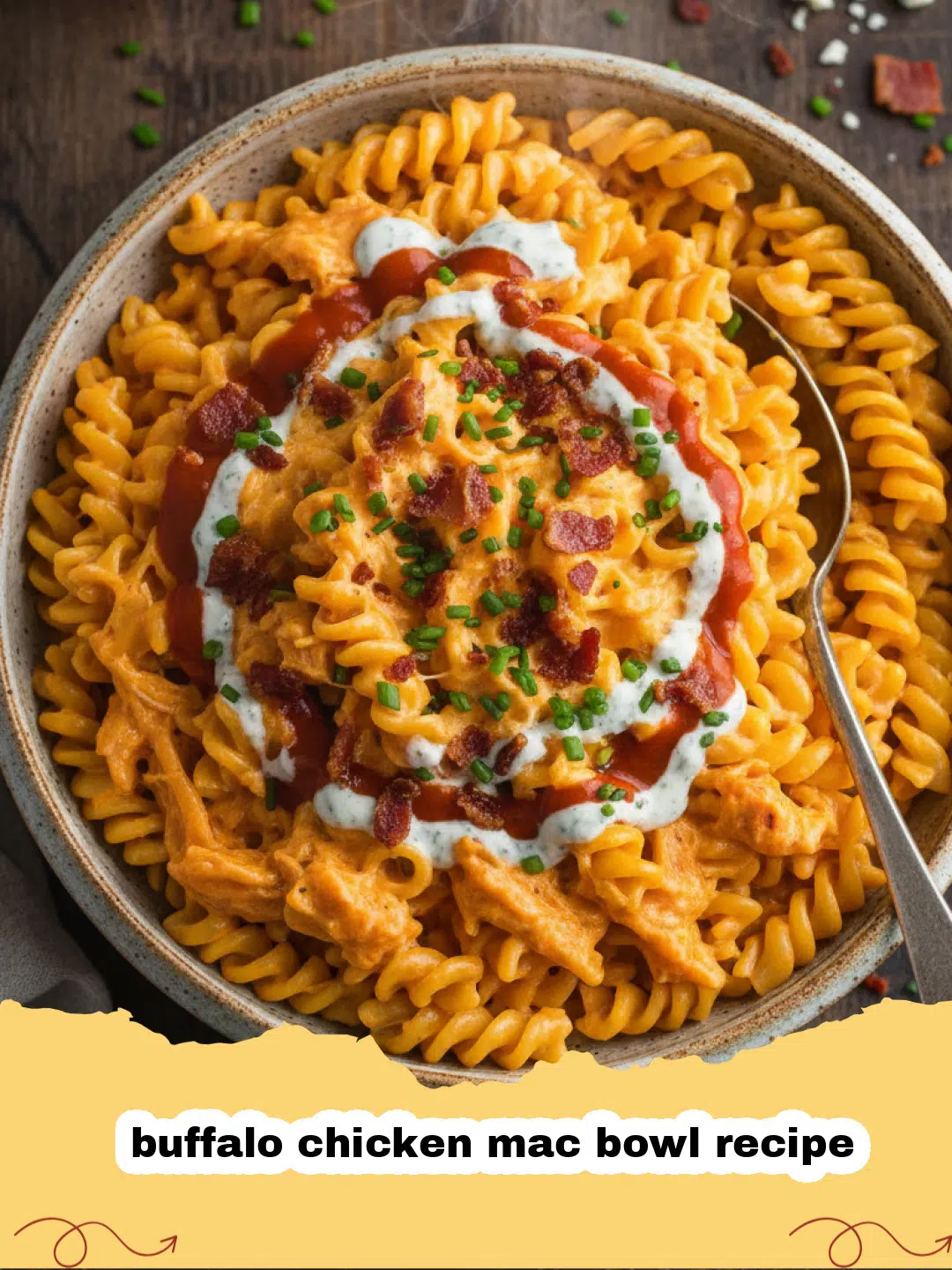 buffalo chicken mac bowl recipe - A close up shot of a buffalo chicken mac bowl topped with green onions and ranch drizzle.