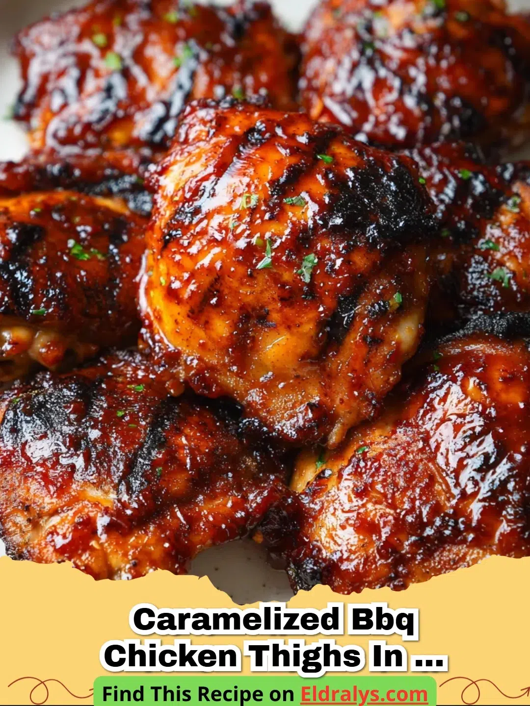 Caramelized BBQ Chicken Thighs in the Oven - A platter of sticky, caramelized BBQ chicken thighs fresh from the oven.