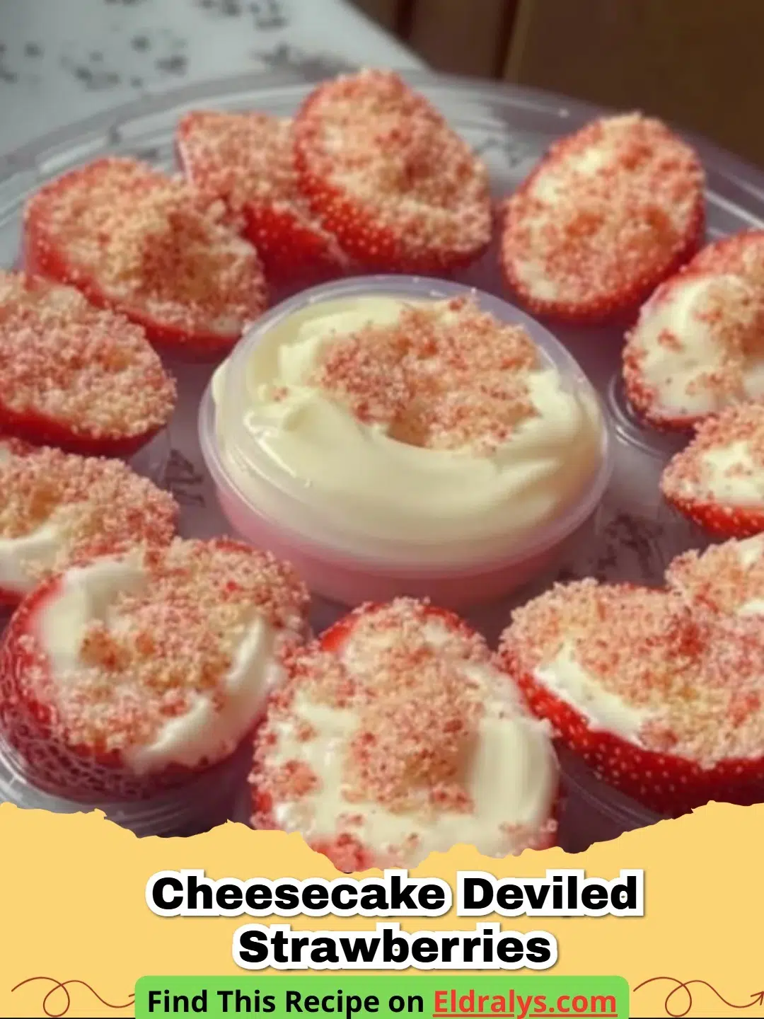 A platter of Cheesecake Deviled Strawberries topped with graham cracker crumbs