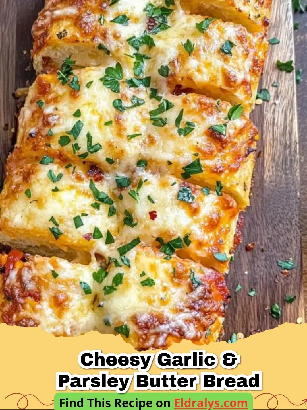Golden brown Cheesy Garlic and Parsley Butter Bread with melted cheese and fresh herbs