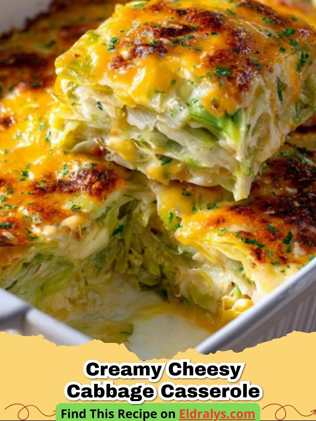 A close-up shot of a bubbling Cheesy Ground Beef and Cabbage Casserole with melted cheddar on top.