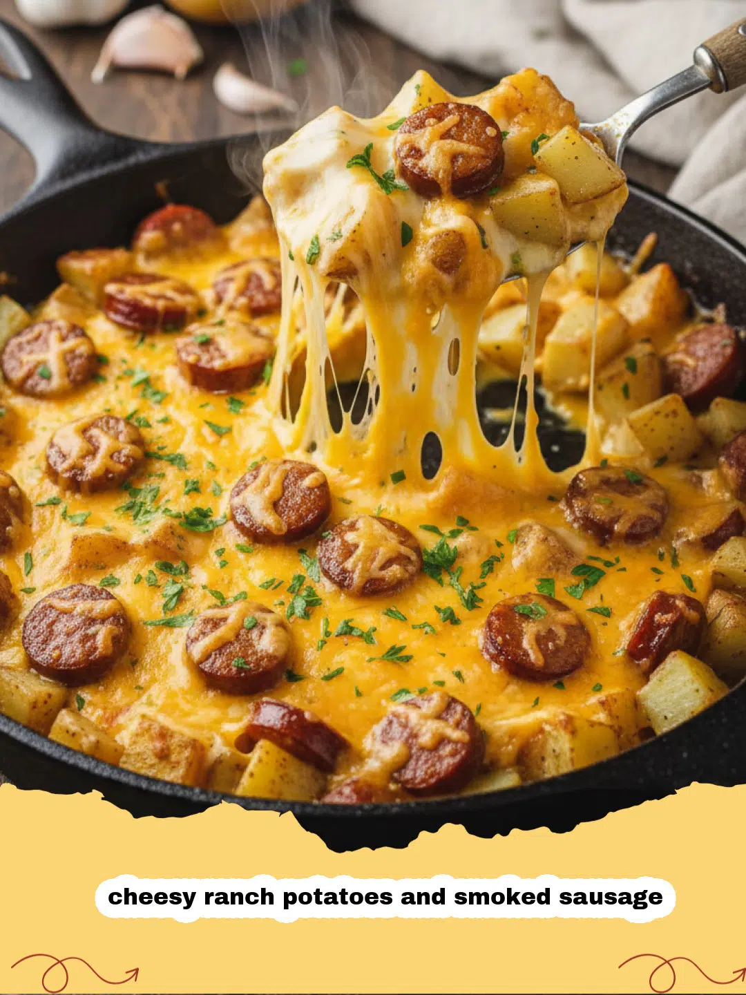 cheesy ranch potatoes and smoked sausage - A baking sheet filled with crispy ranch-seasoned potatoes and browned smoked sausage covered in melted cheddar cheese.