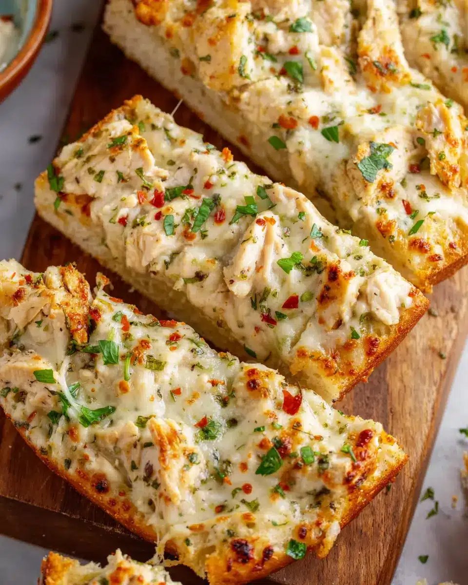 A close-up of cheesy Chicken Alfredo Garlic Bread with melted mozzarella and fresh parsley.