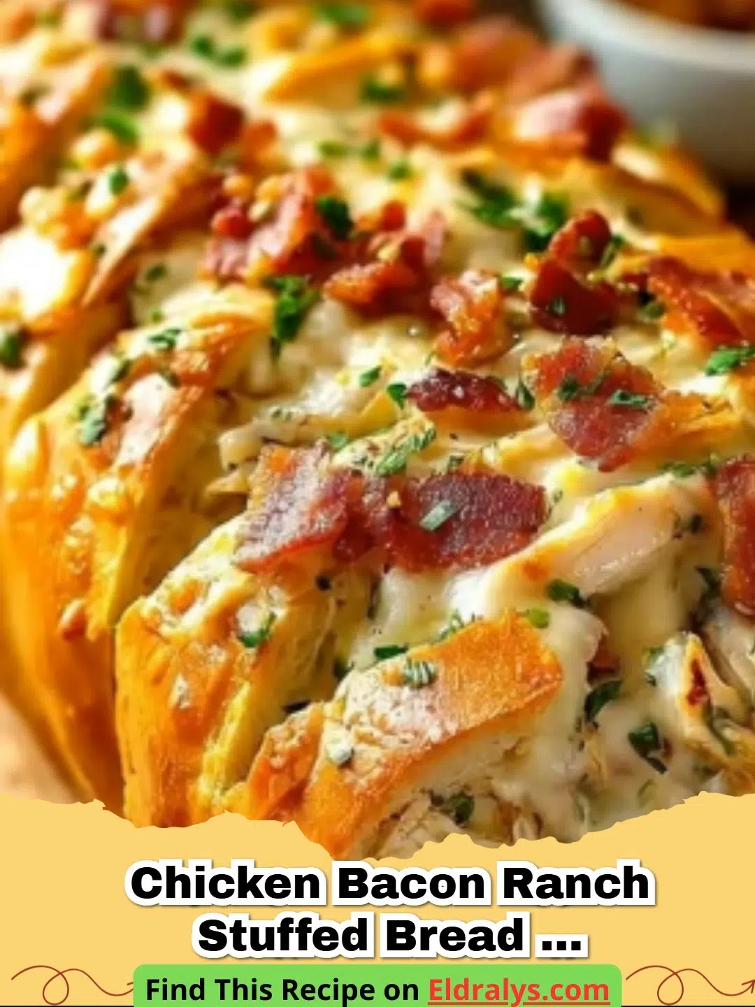 Golden brown Chicken Bacon Ranch Stuffed Bread sliced on a wooden board